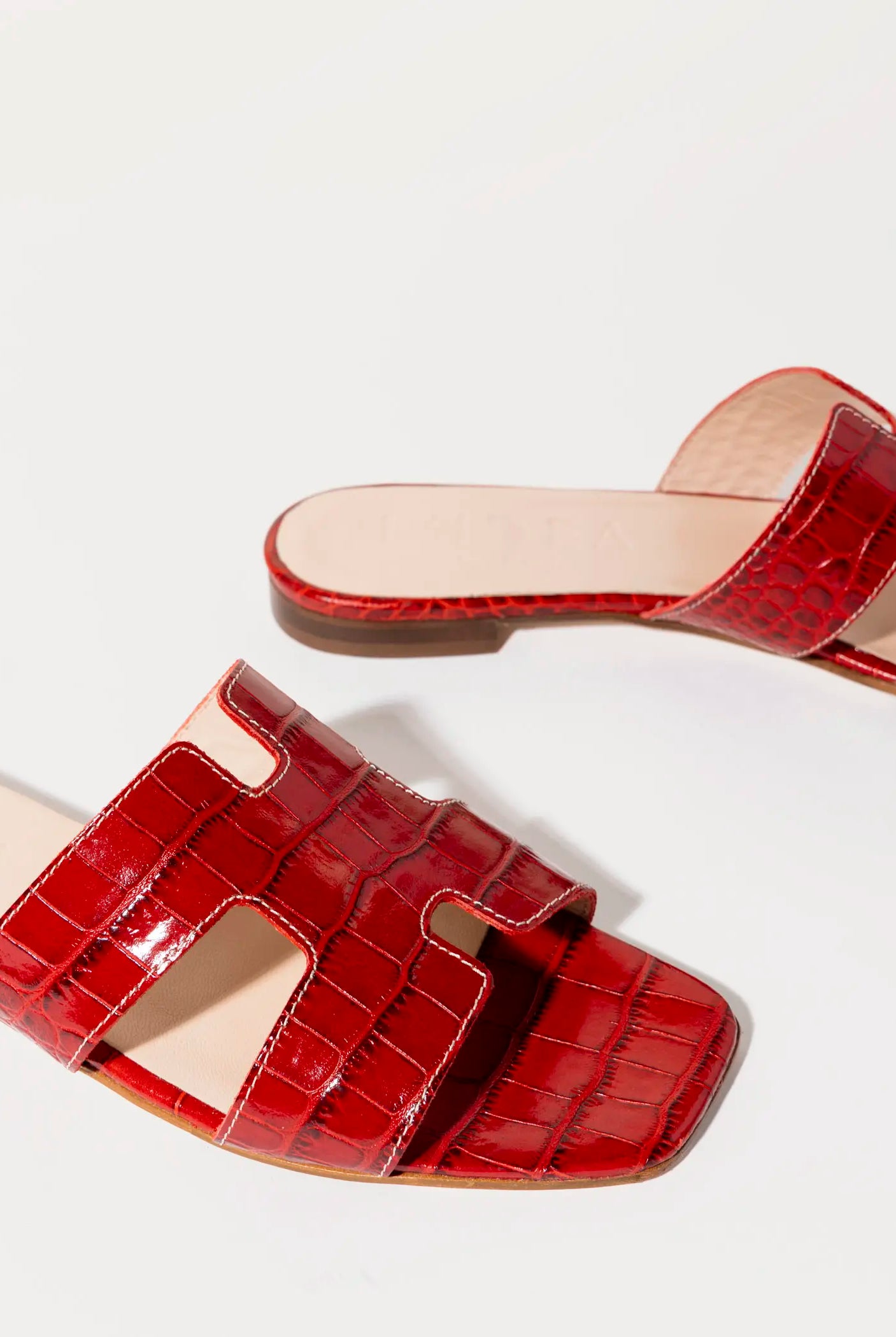 swatch_red croco leather cutout sandal flat sandals