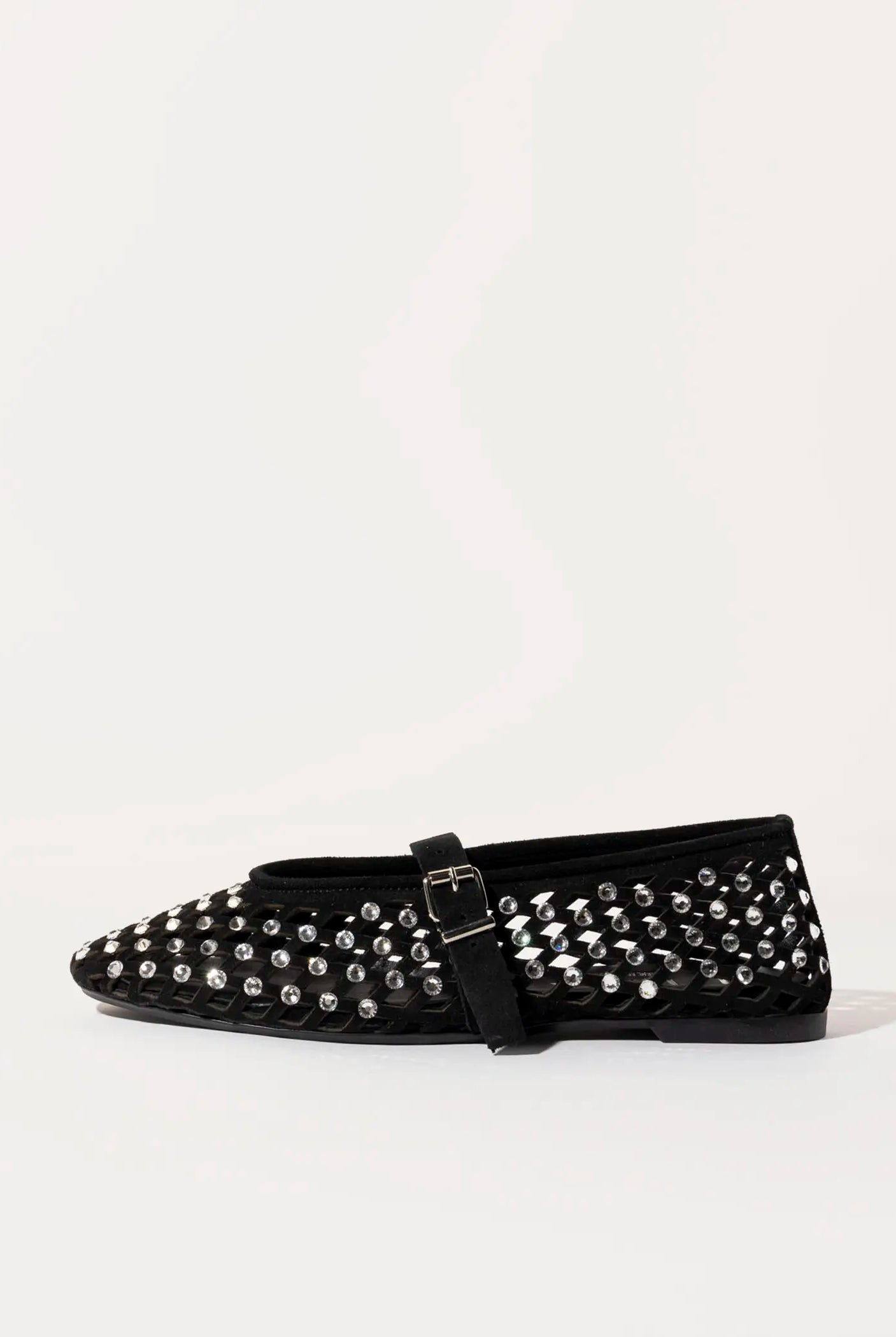 swatch_black suede laser cut jeweled flat flat shoes