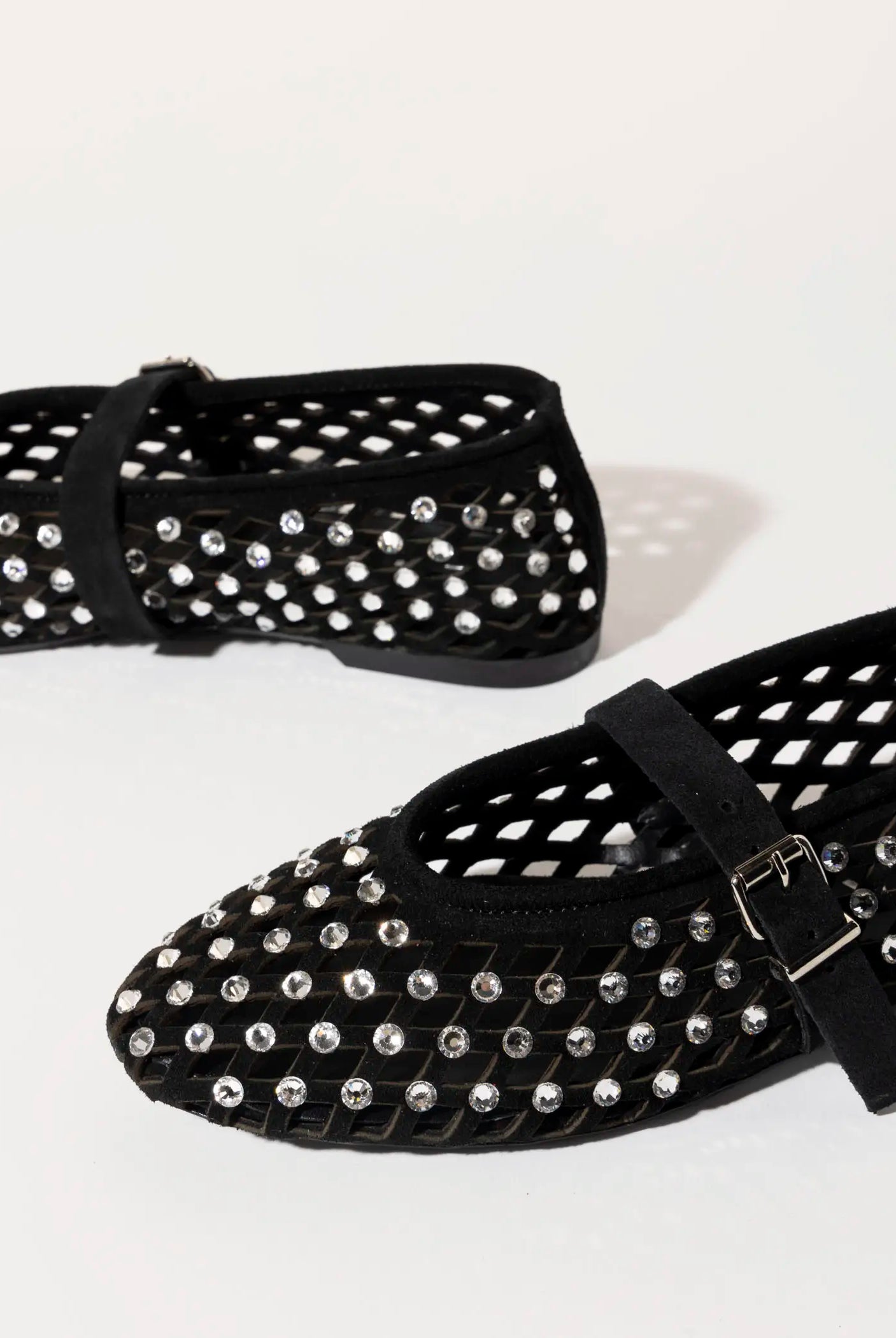 swatch_black suede laser cut jeweled flat flat shoes