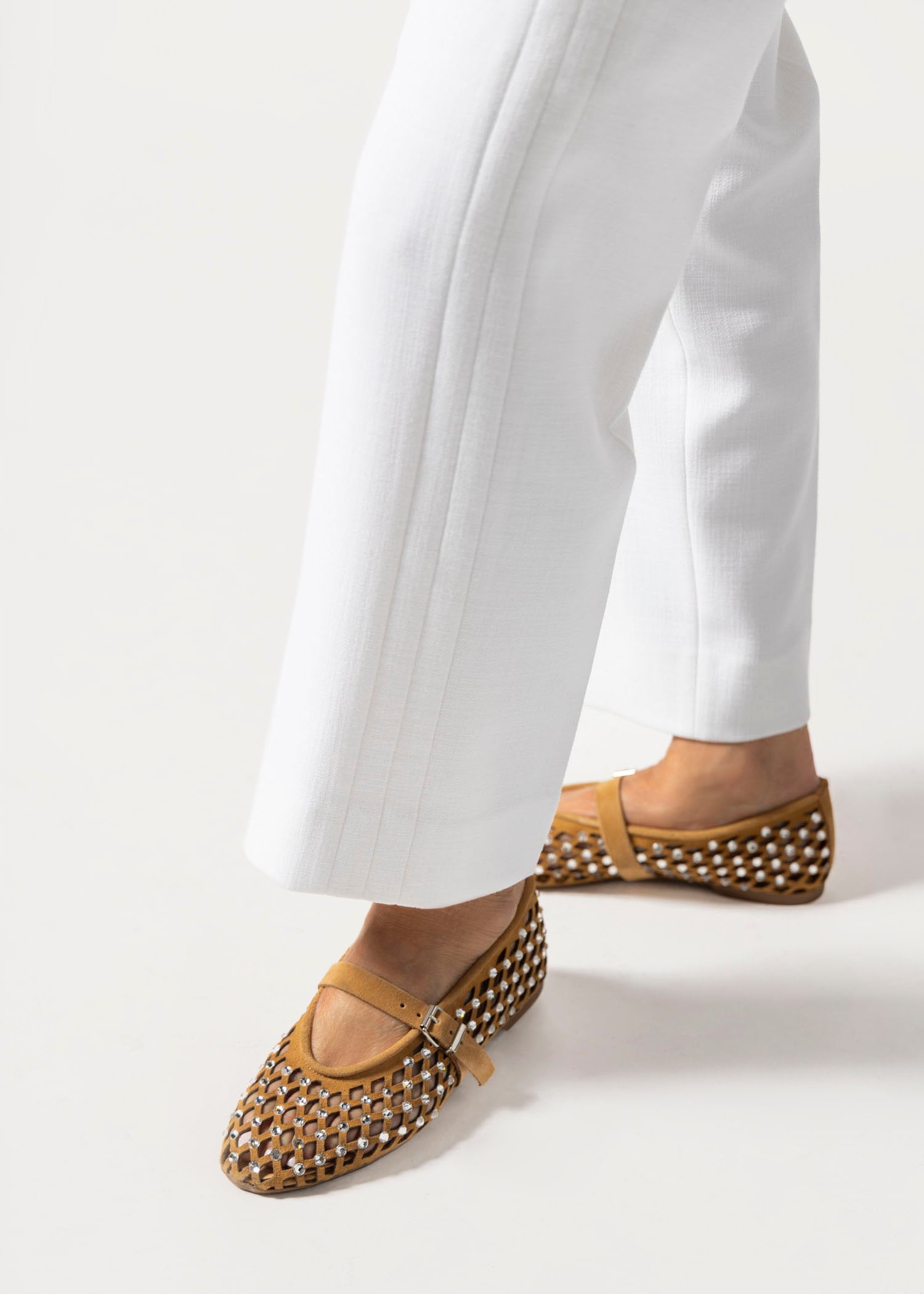 swatch_tan suede laser cut jeweled flat flat shoes