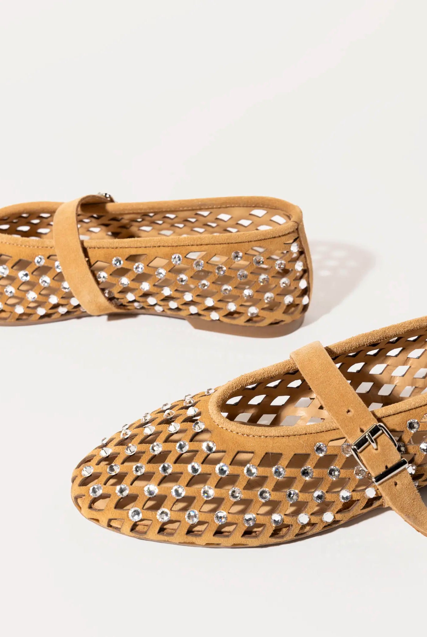swatch_tan suede laser cut jeweled flat flat shoes