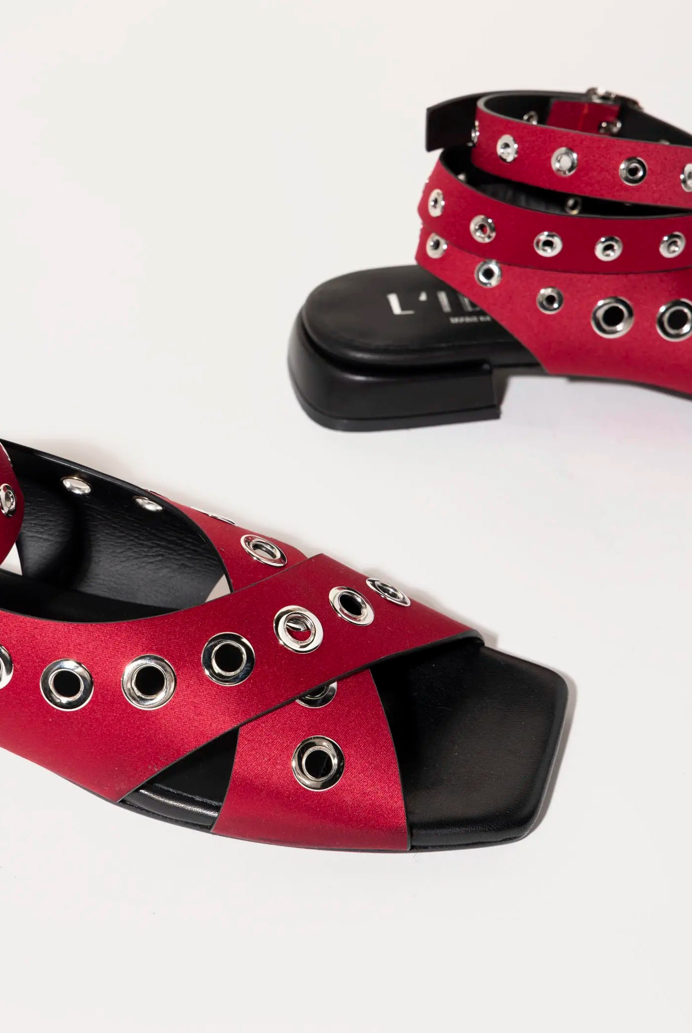 swatch_red satin flat sandal with grommets flat sandals