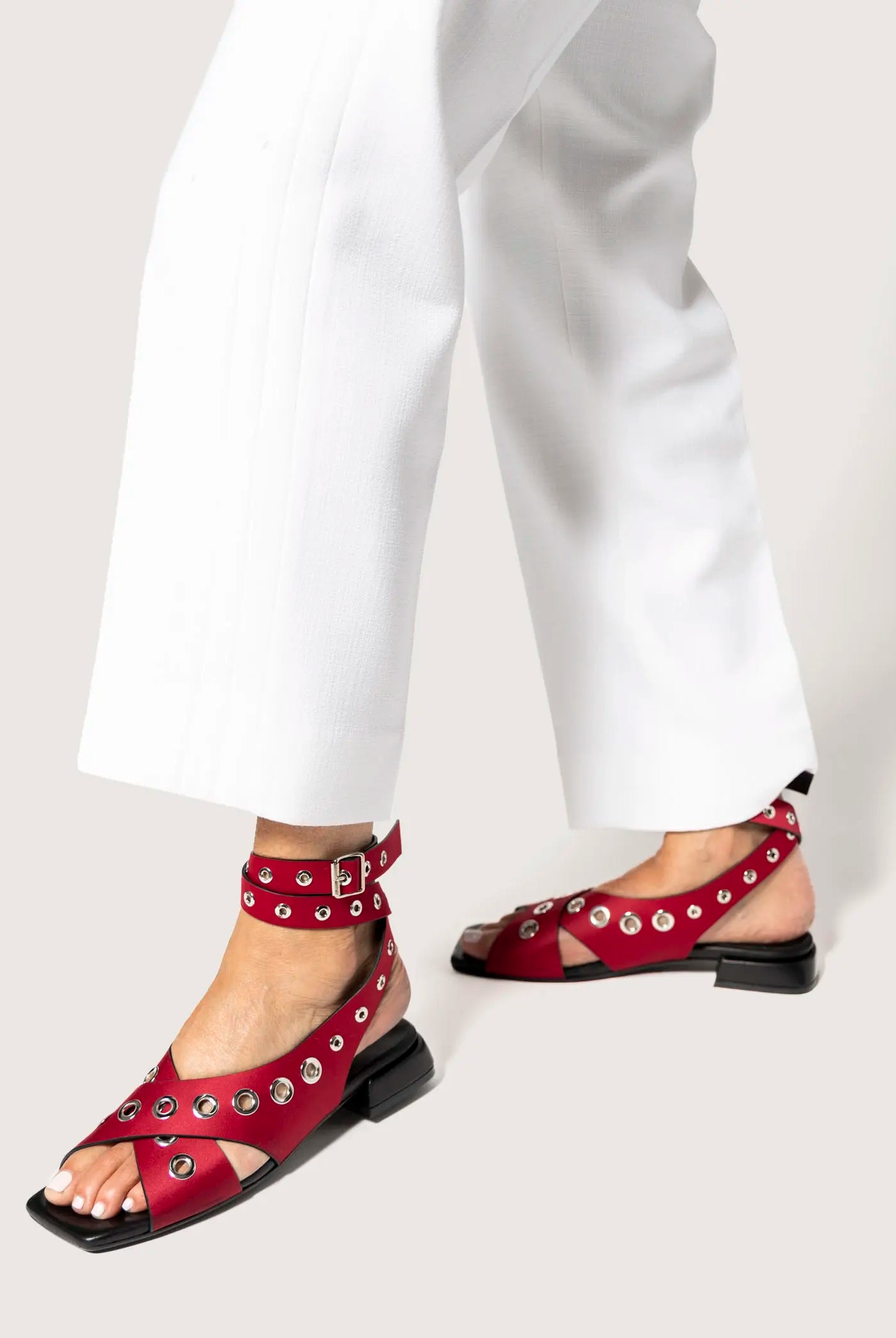 swatch_red satin flat sandal with grommets flat sandals