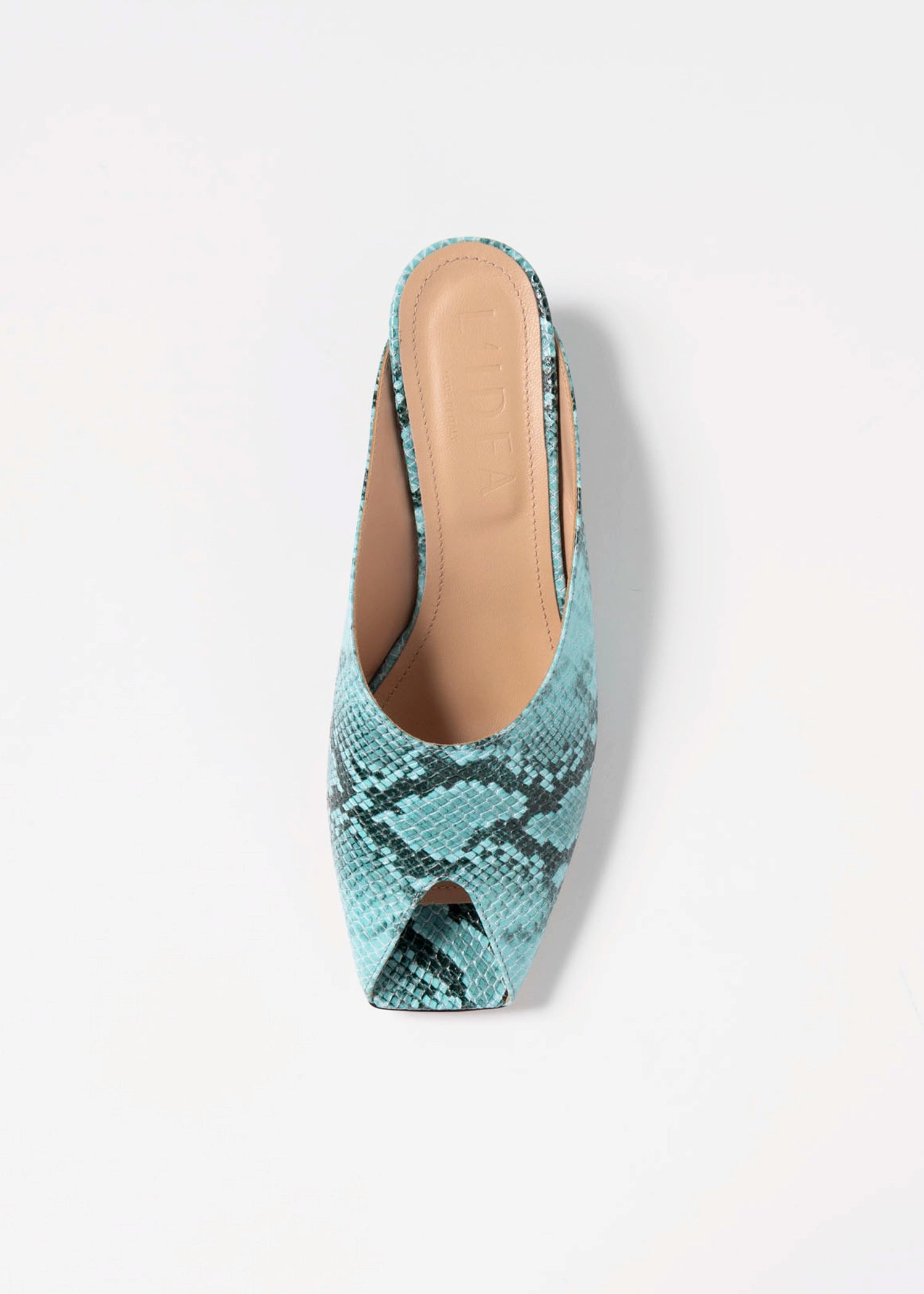 swatch_Turquoise Snake leather peep toe mule L'idea
