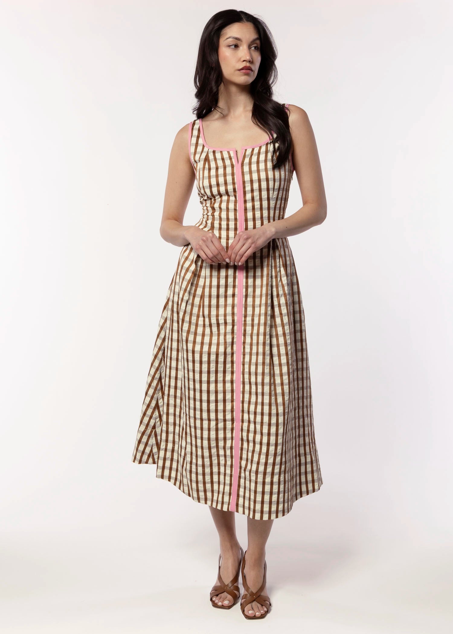 swatch_Brown/Pink thml gingham midi dress