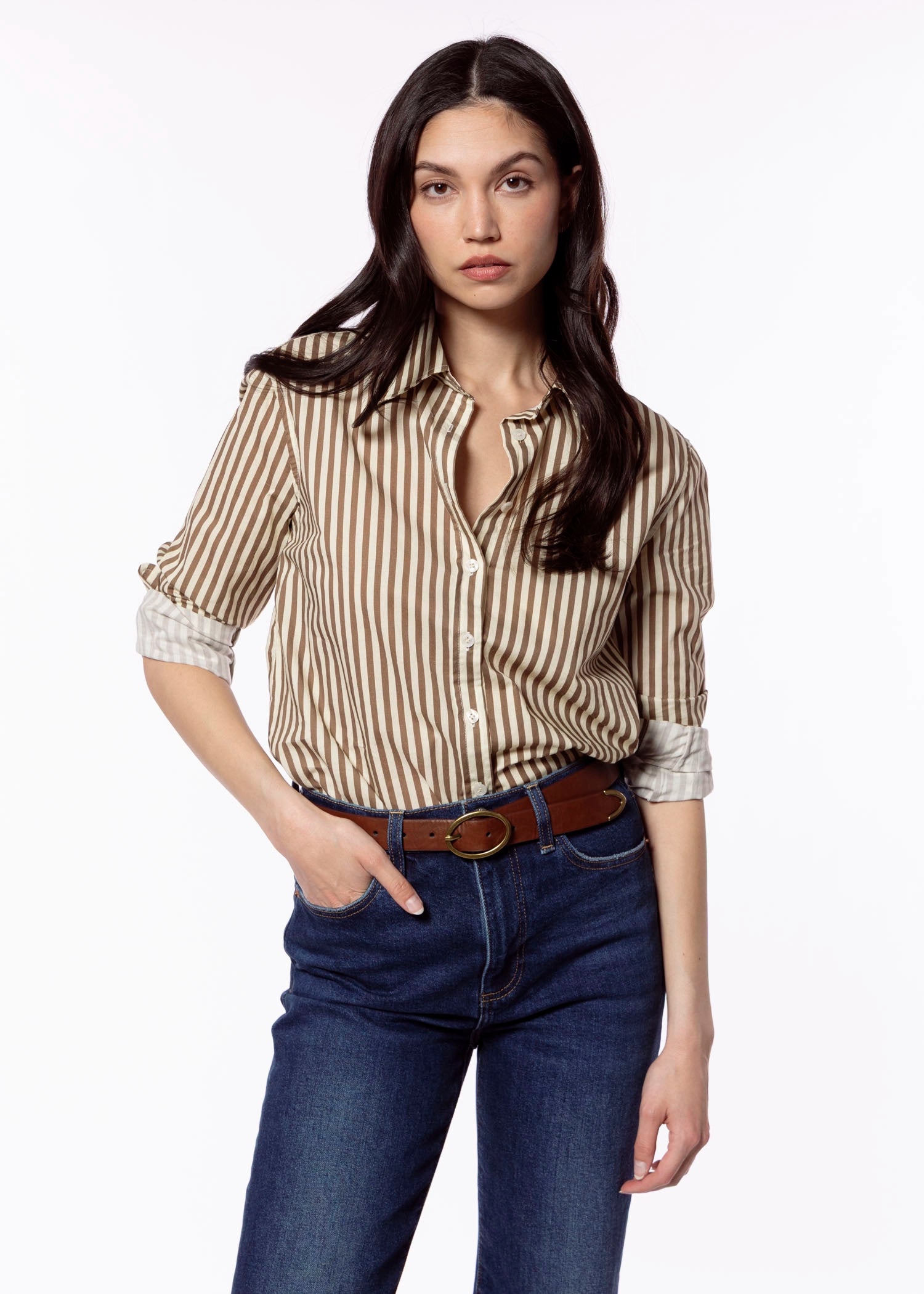 swatch_Mocha Stripe perfect white tee gisele button down shirt