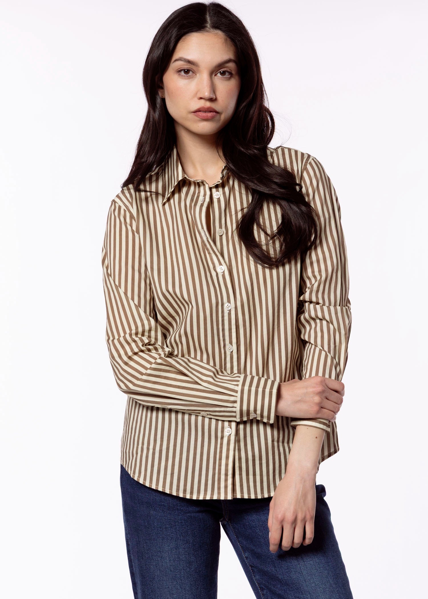 swatch_Mocha Stripe perfect white tee gisele button down shirt