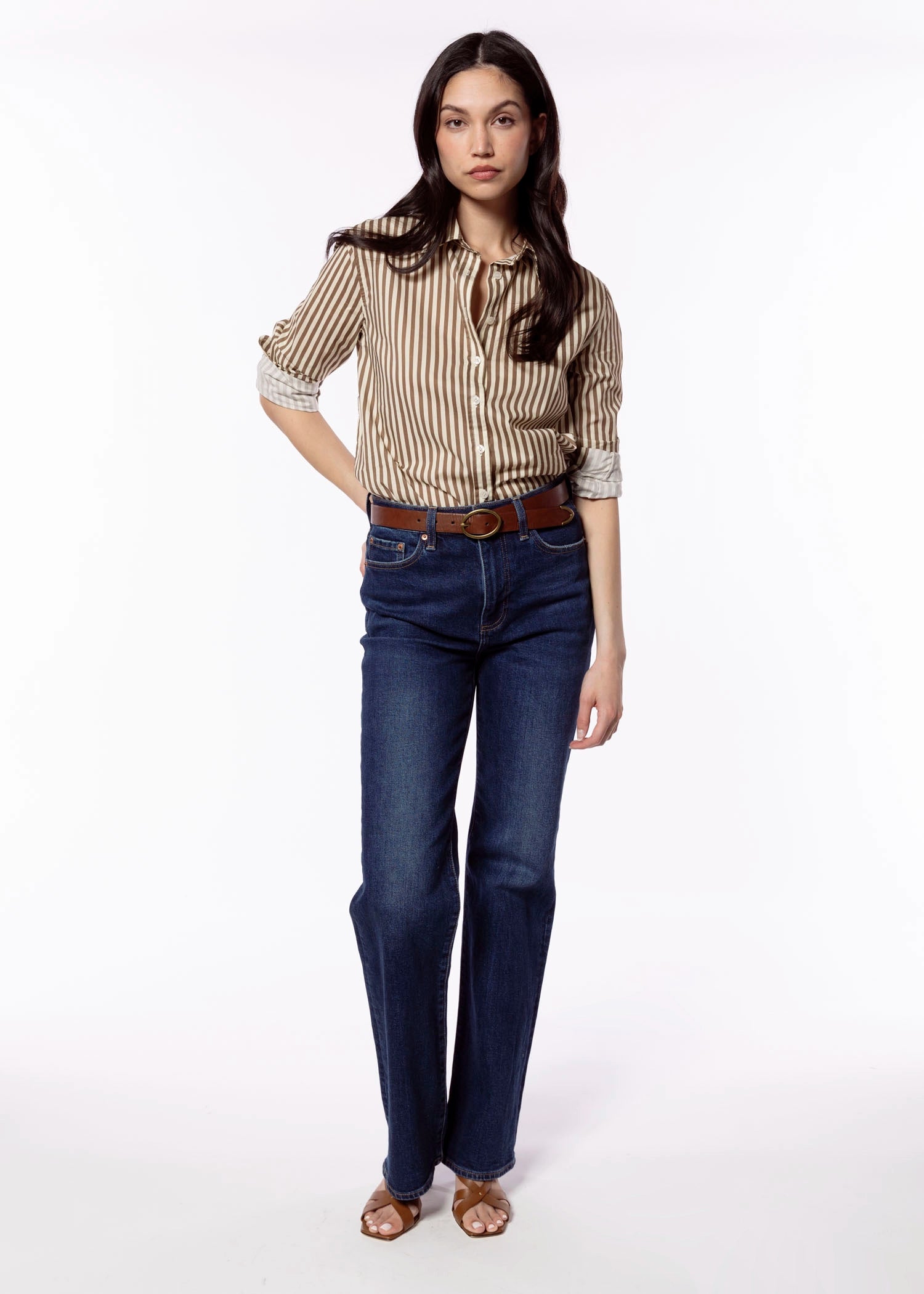 swatch_Mocha Stripe perfect white tee gisele button down shirt