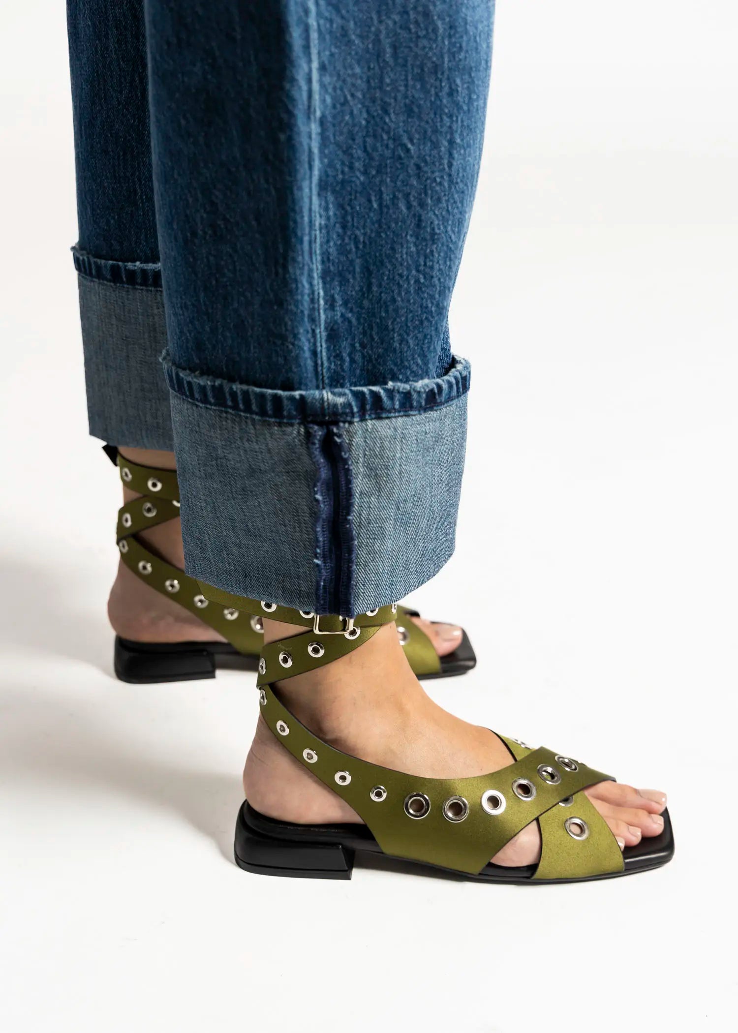 swatch_olive satin flat sandal with grommets flat sandals