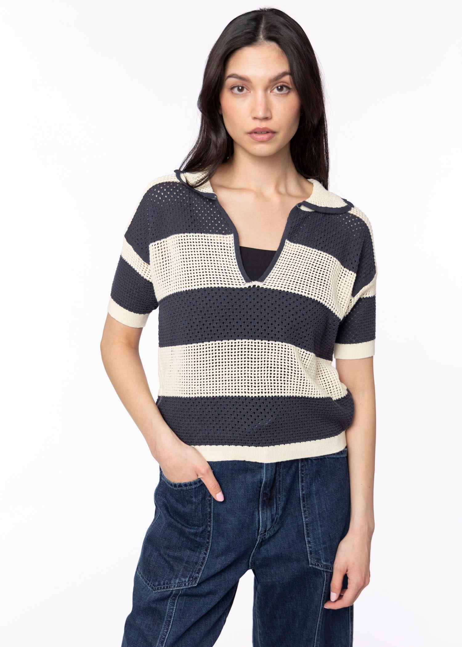 swatch_Ecru/Blue deluc chios knit polo