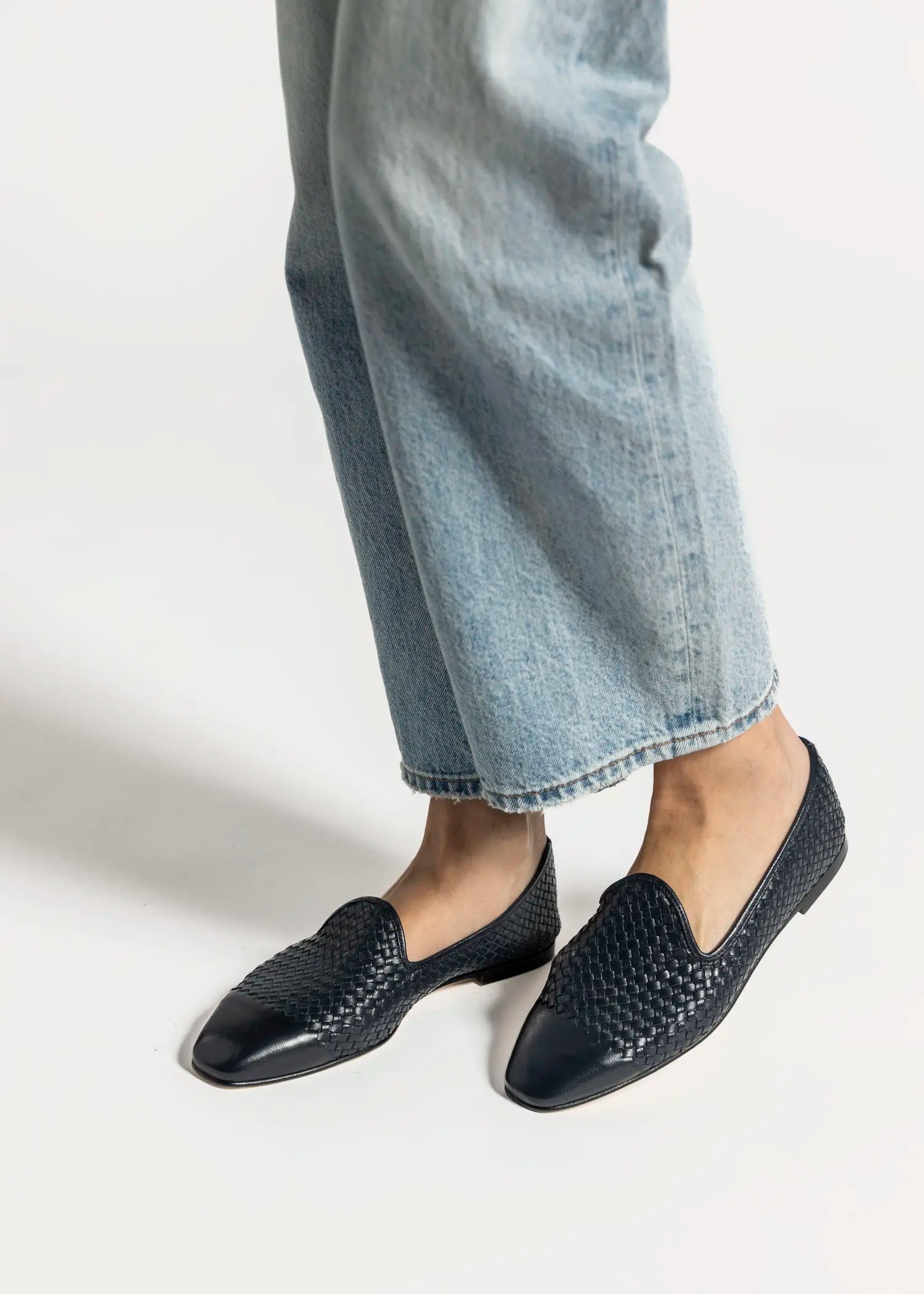 swatch_navy leather woven leather loafer flat shoes