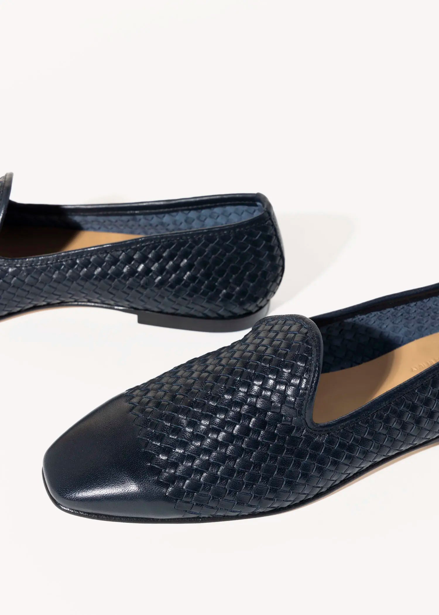 swatch_navy leather woven leather loafer flat shoes
