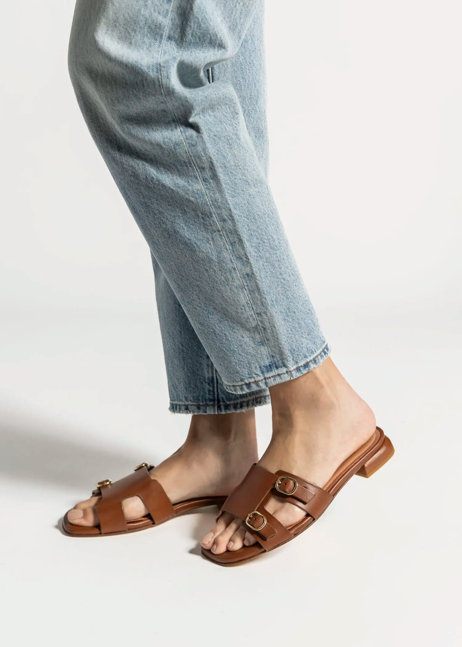 swatch_brown leather monk strap sandal flat sandals