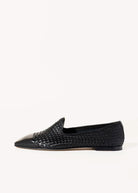 swatch_black leather woven leather loafer flat shoes