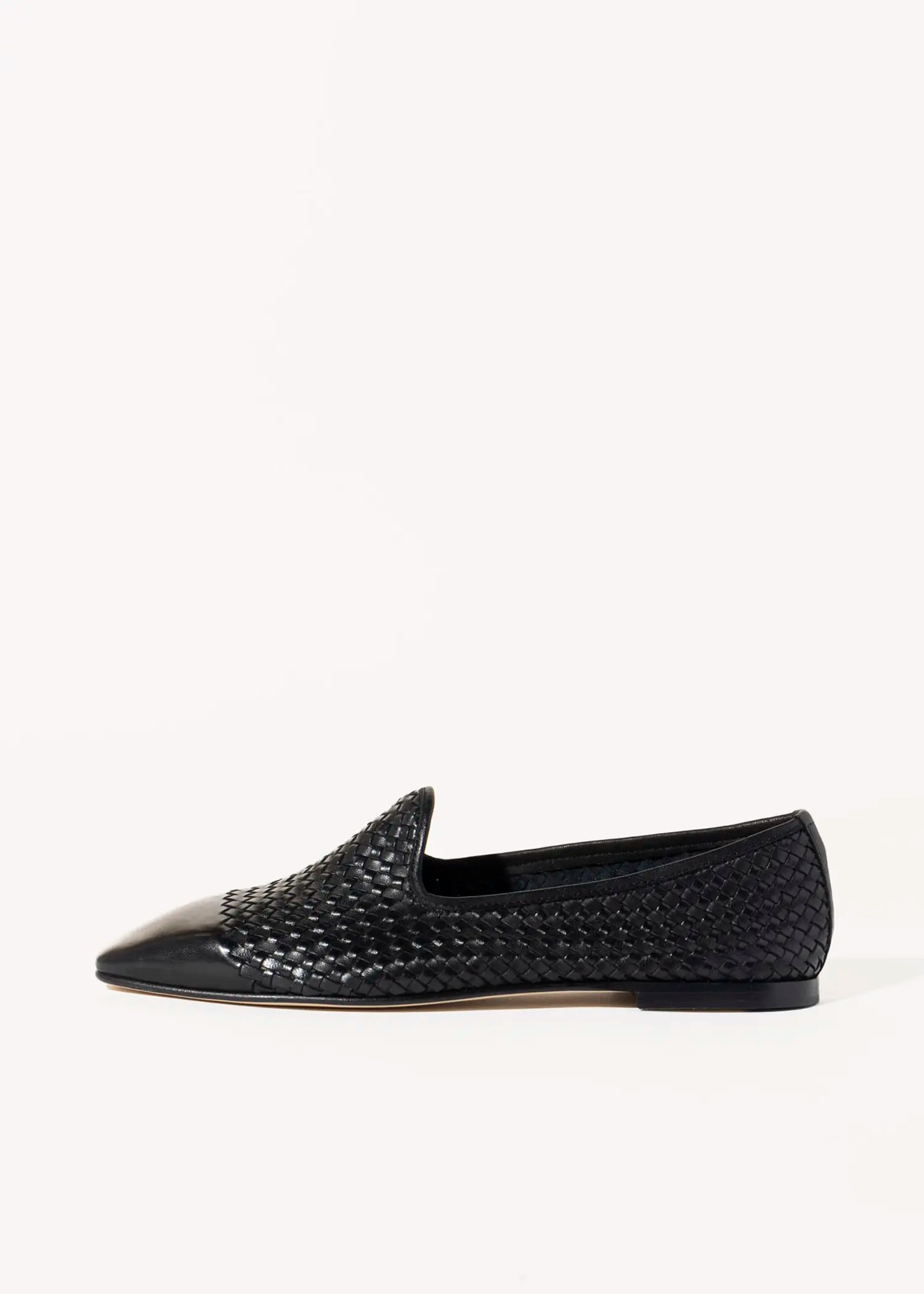 swatch_black leather woven leather loafer flat shoes