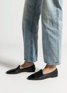 swatch_black leather woven leather loafer flat shoes