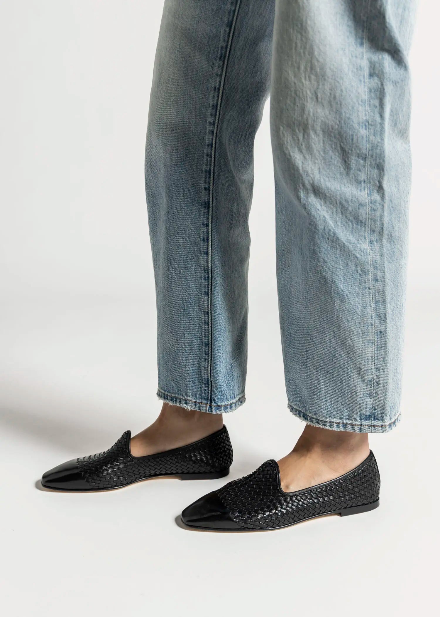 swatch_black leather woven leather loafer flat shoes