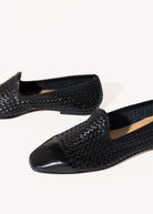 swatch_black leather woven leather loafer flat shoes