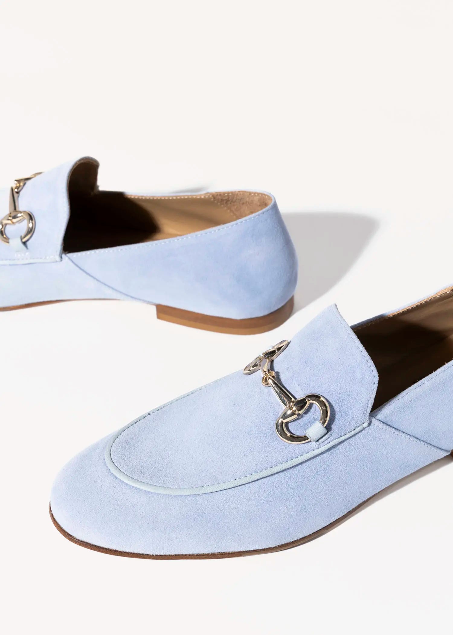 swatch_powder blue suede loafer with bit flat shoes