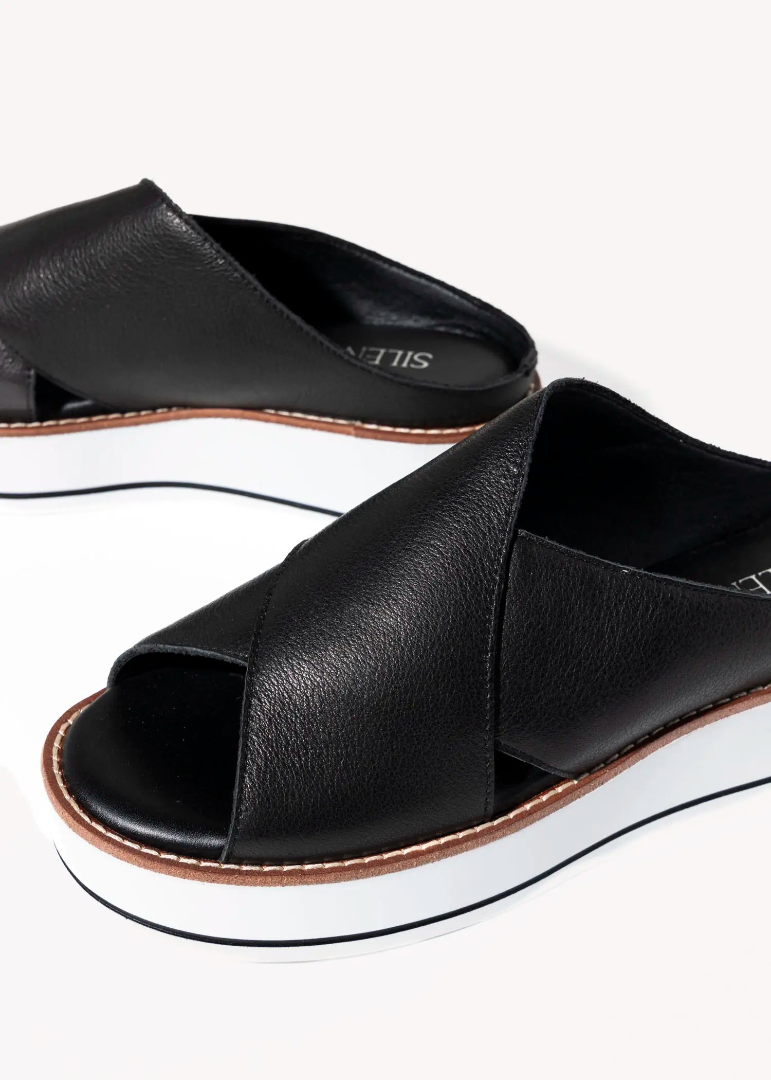 swatch_black leather orelia slide sandal platform sandals