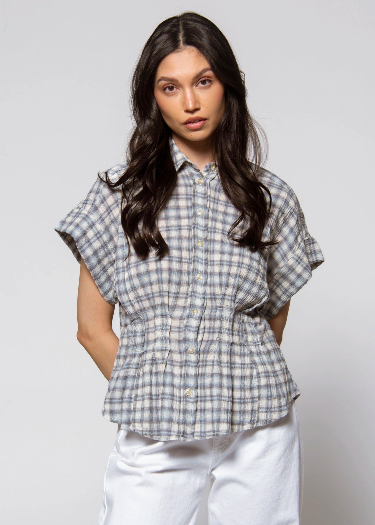 swatch_Blue cinched waist plaid top