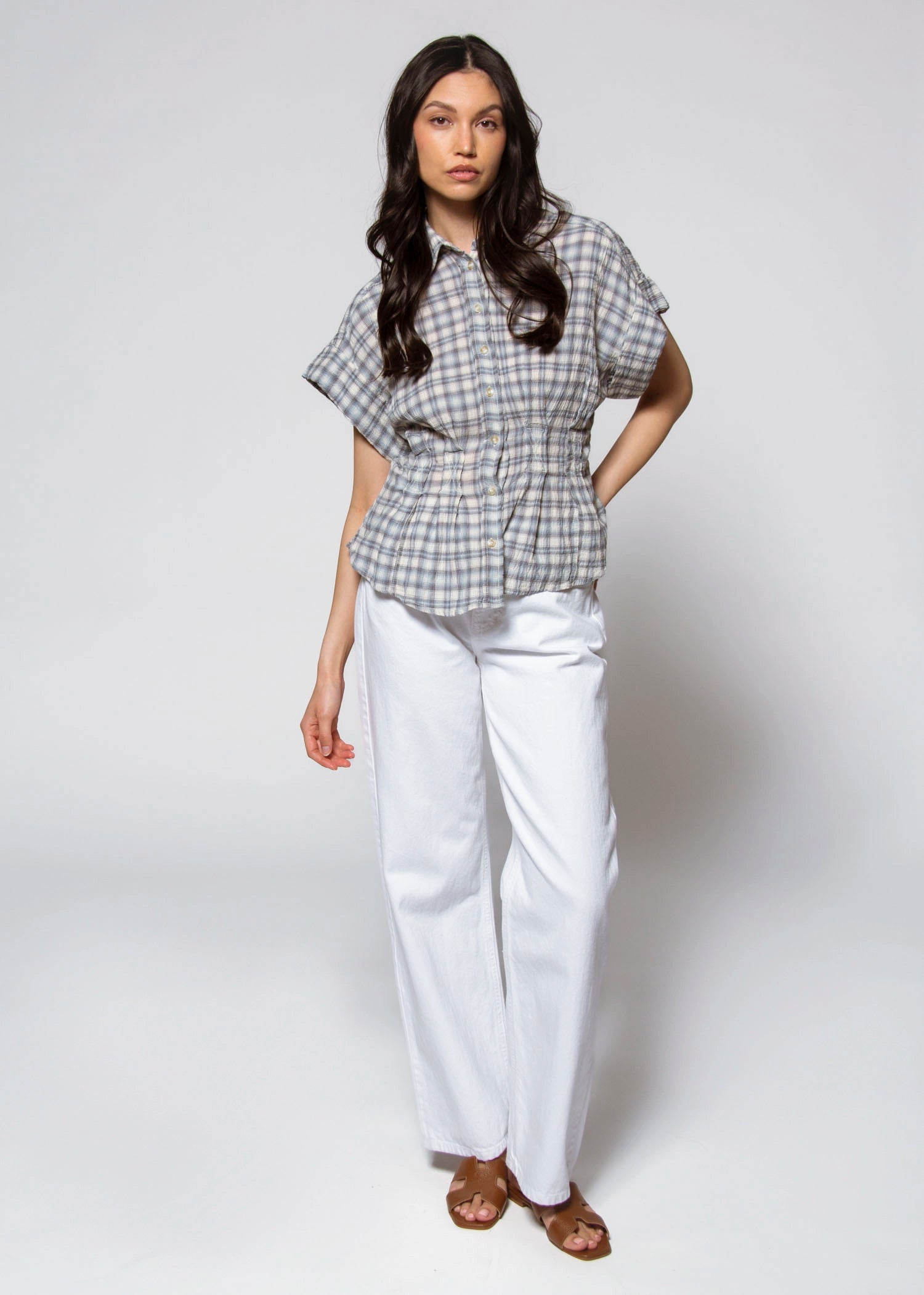 swatch_Blue cinched waist plaid top
