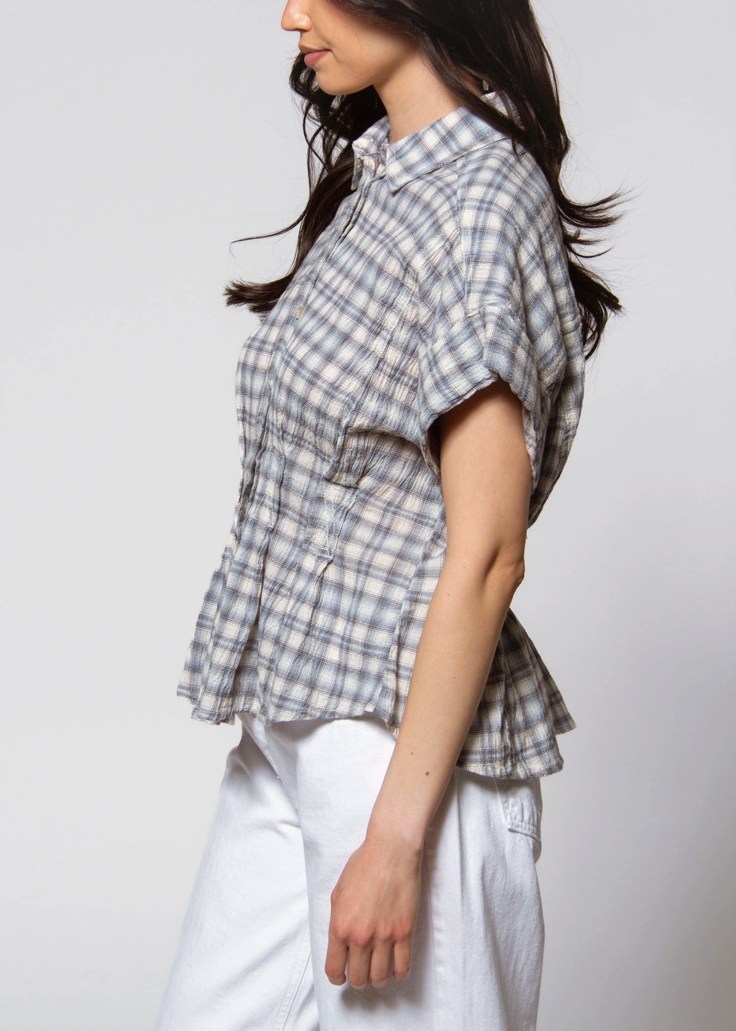 swatch_Blue cinched waist plaid top