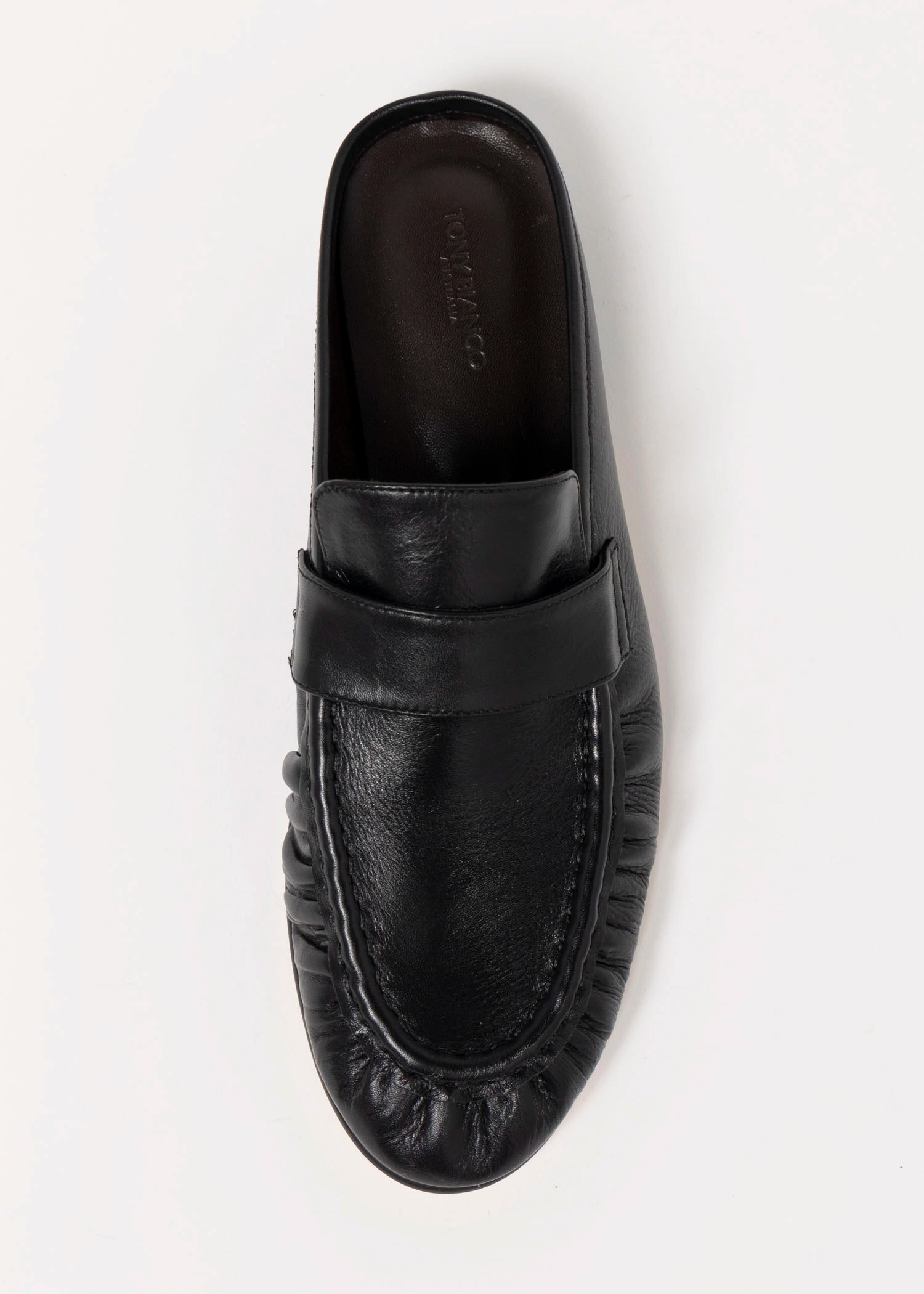 swatch_Black Leather tony bianco glacier ruched mule loafer