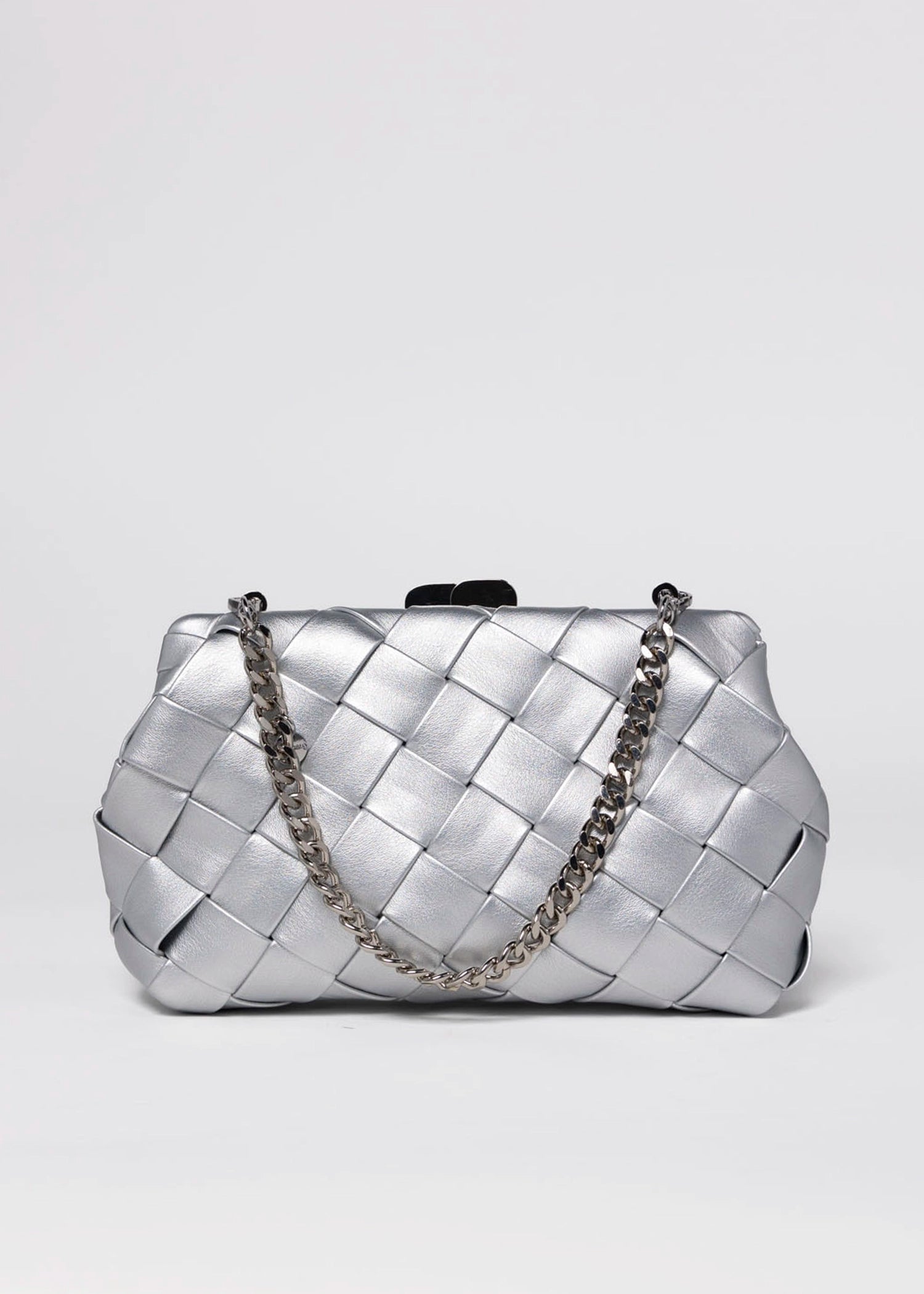 swatch_Silver olga berg quinn woven leather clutch