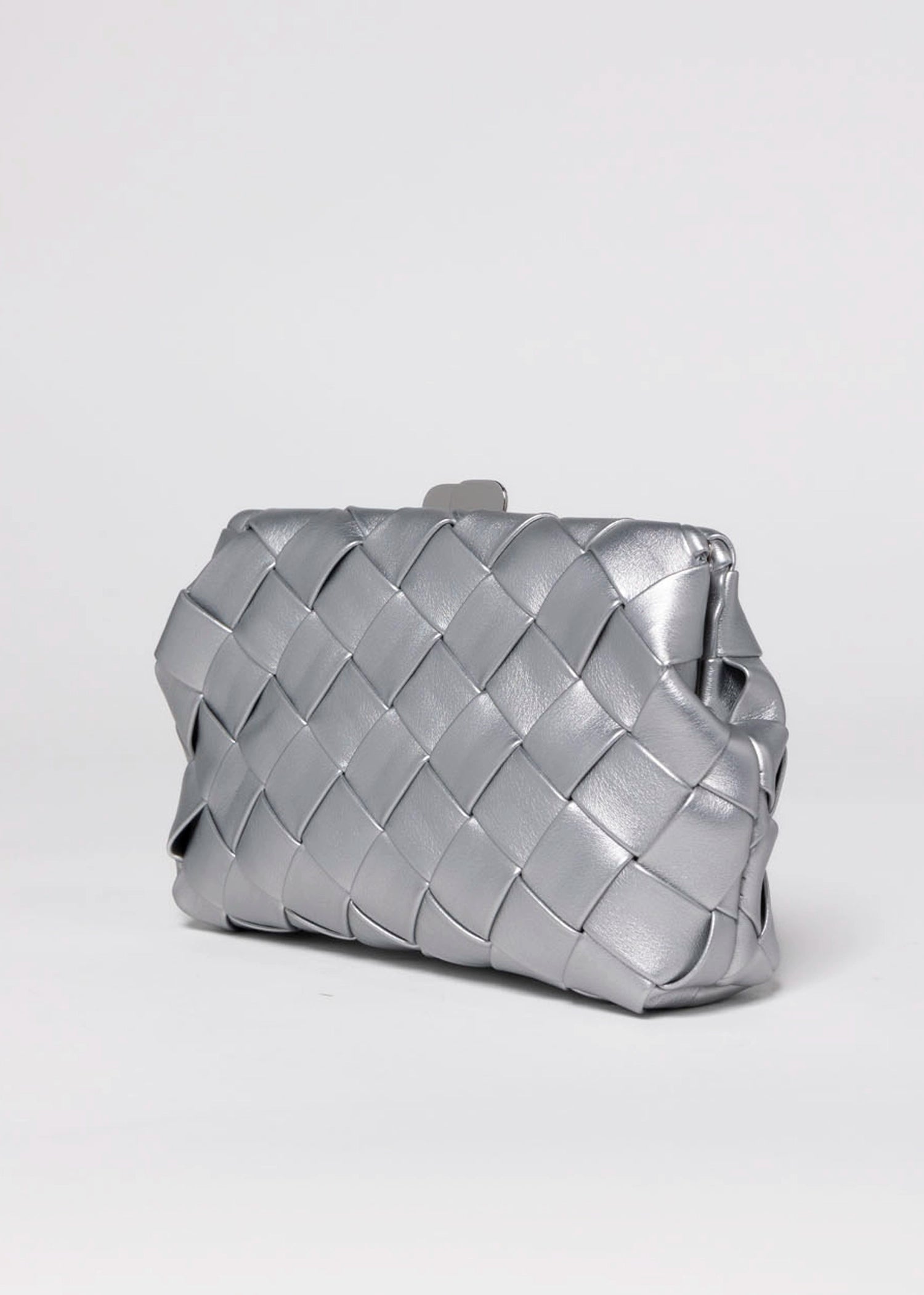 swatch_Silver olga berg quinn woven leather clutch