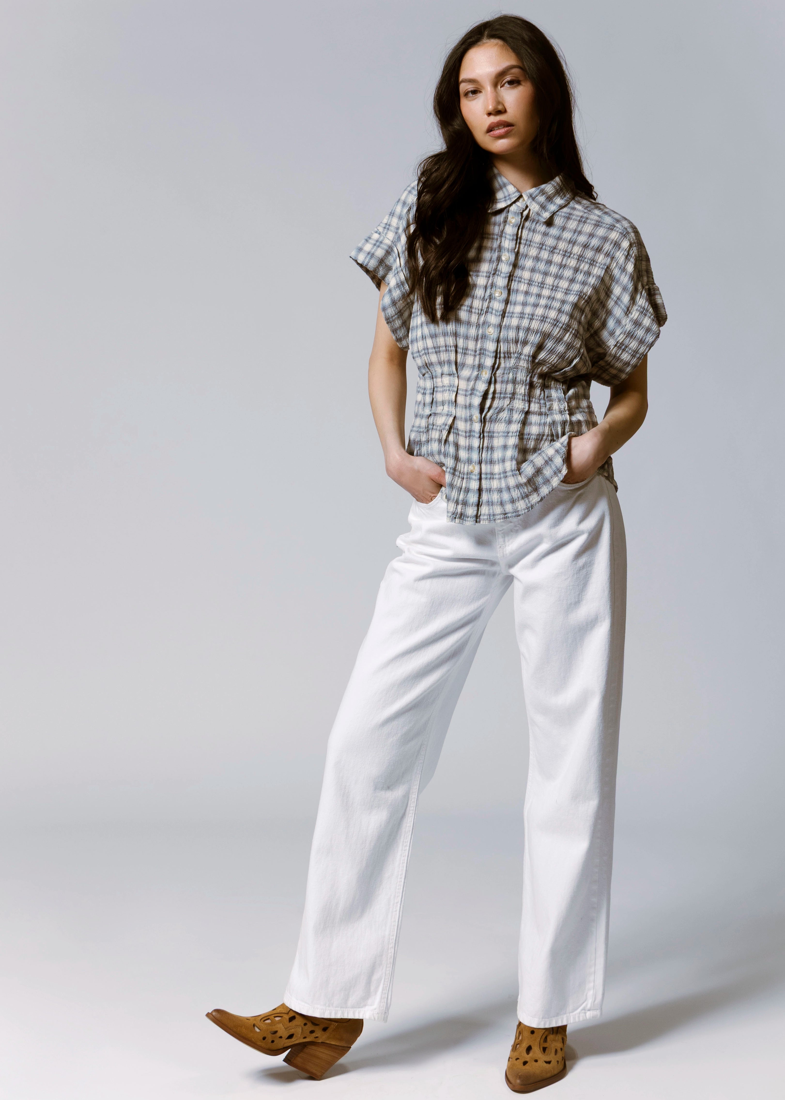 swatch_Blue cinched waist plaid top