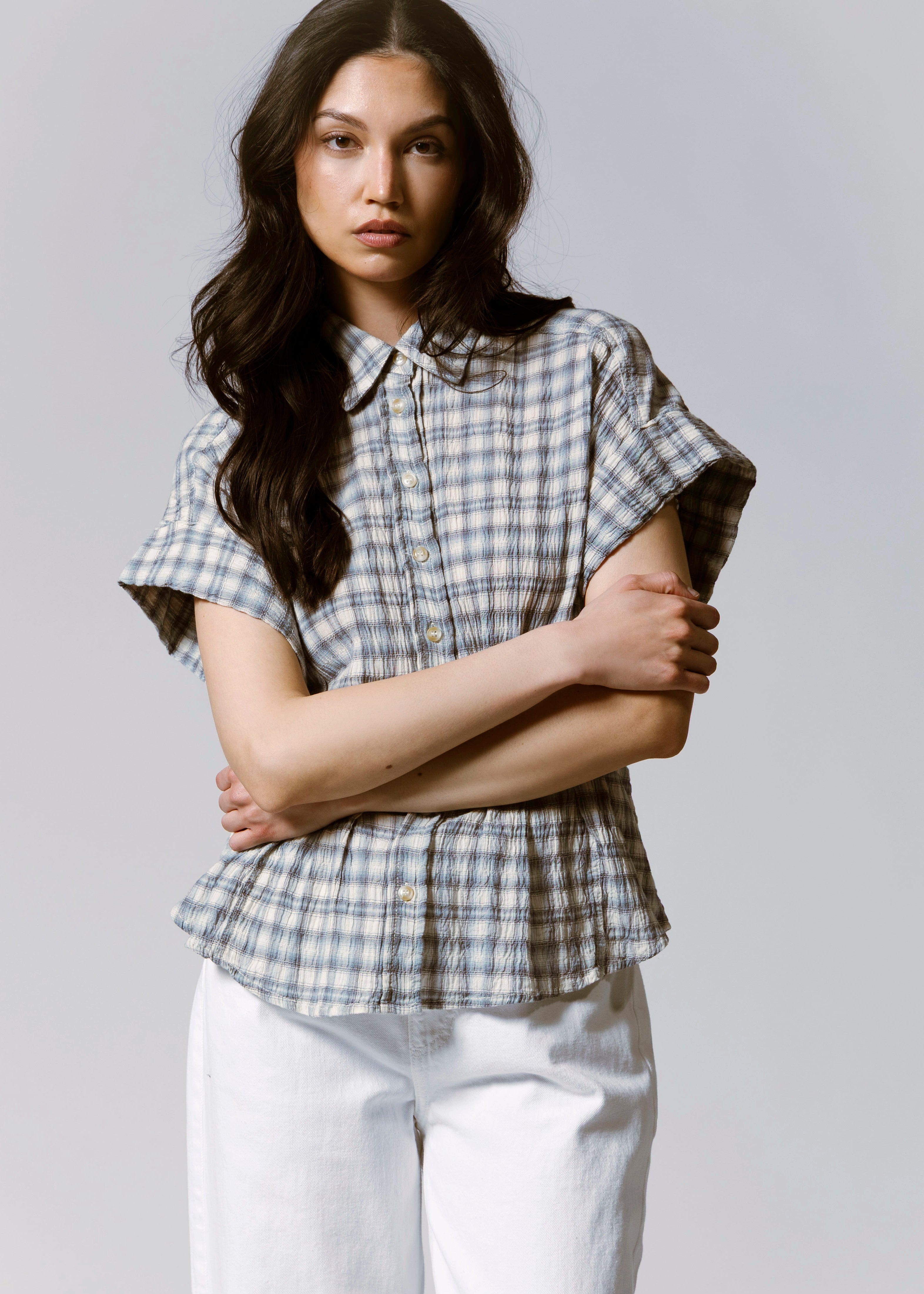 swatch_Blue cinched waist plaid top