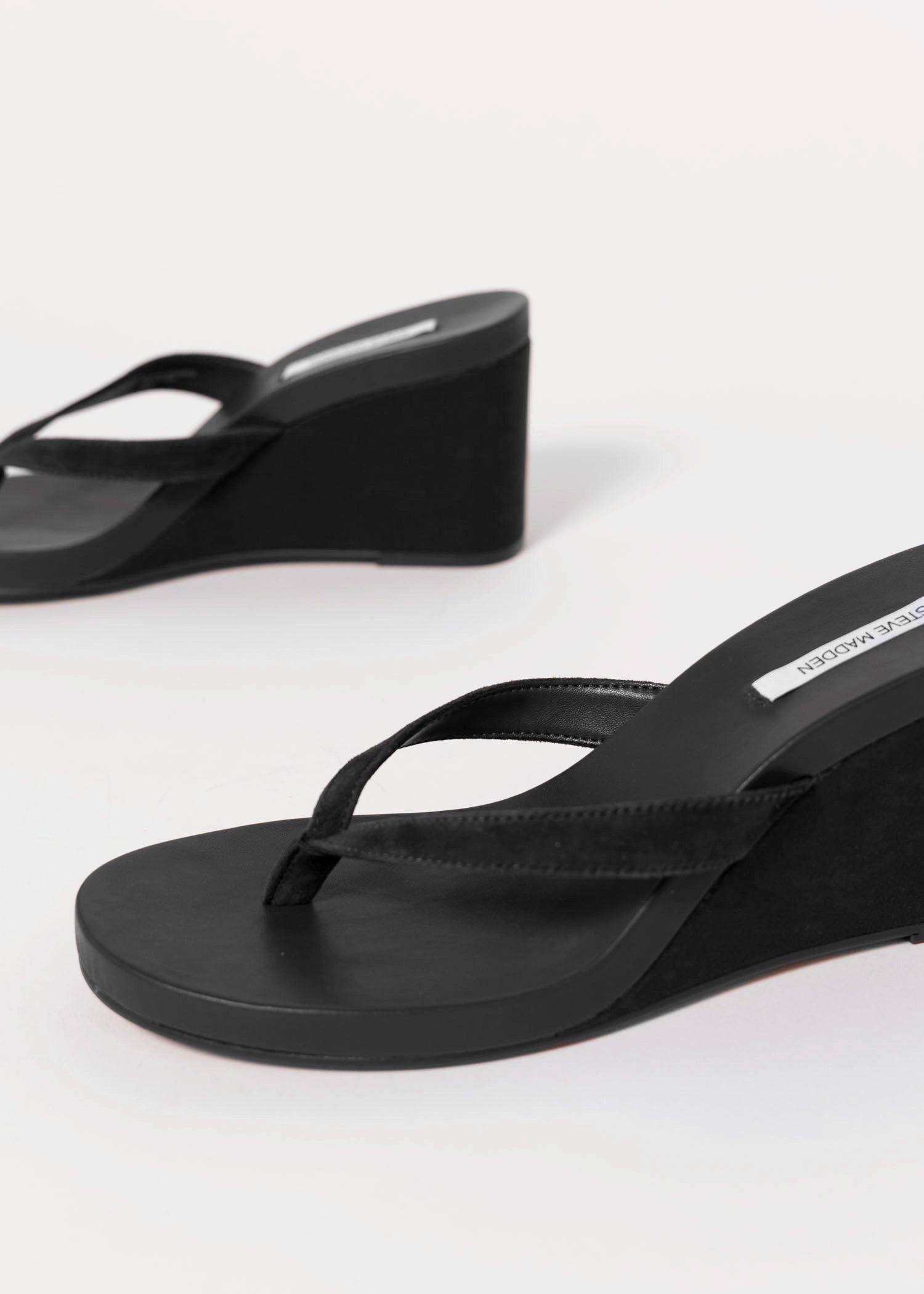 swatch_Black Suede steve madden playing wedge thong sandal