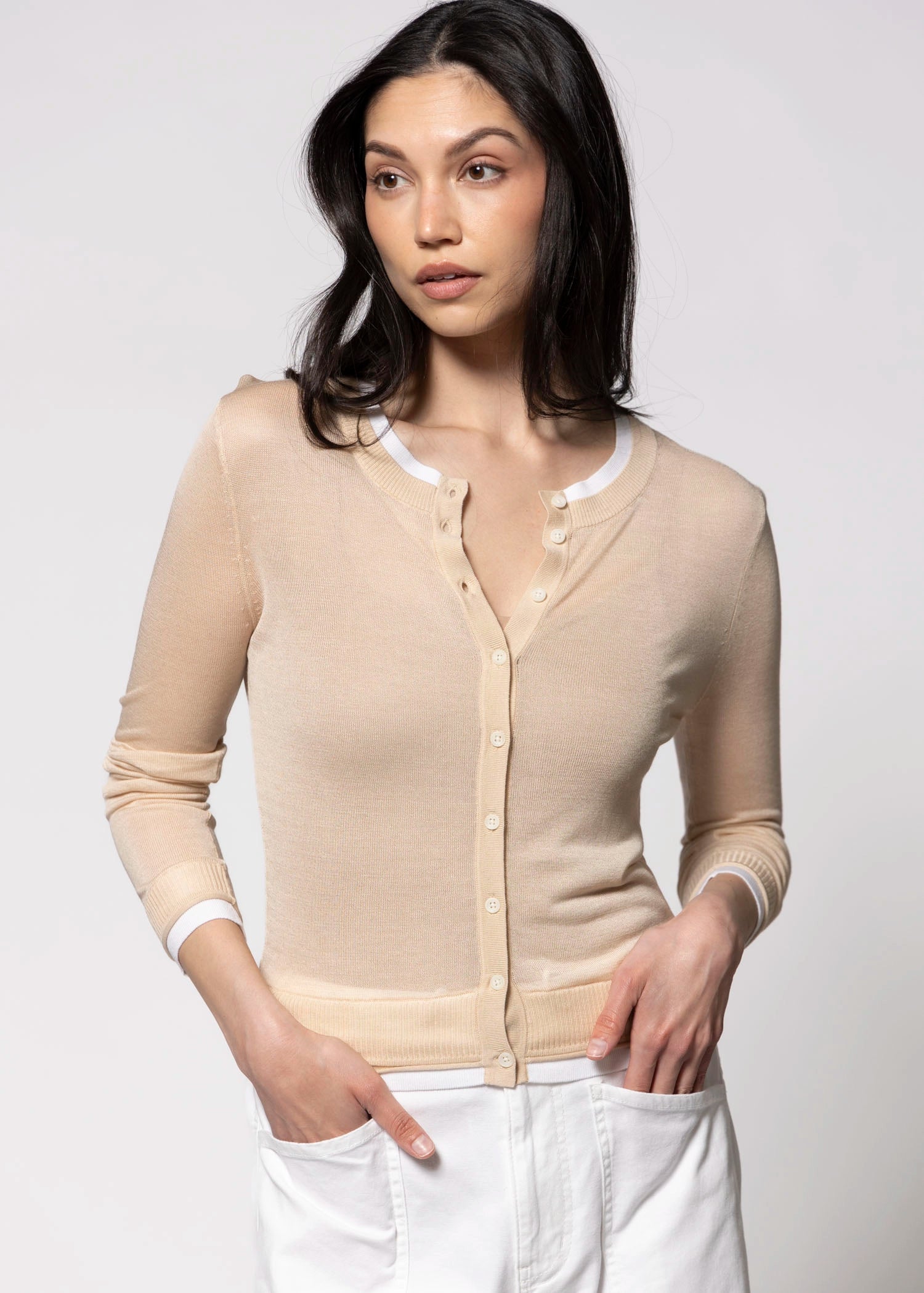 swatch_Sand/White central park coen west sheer layered cardi