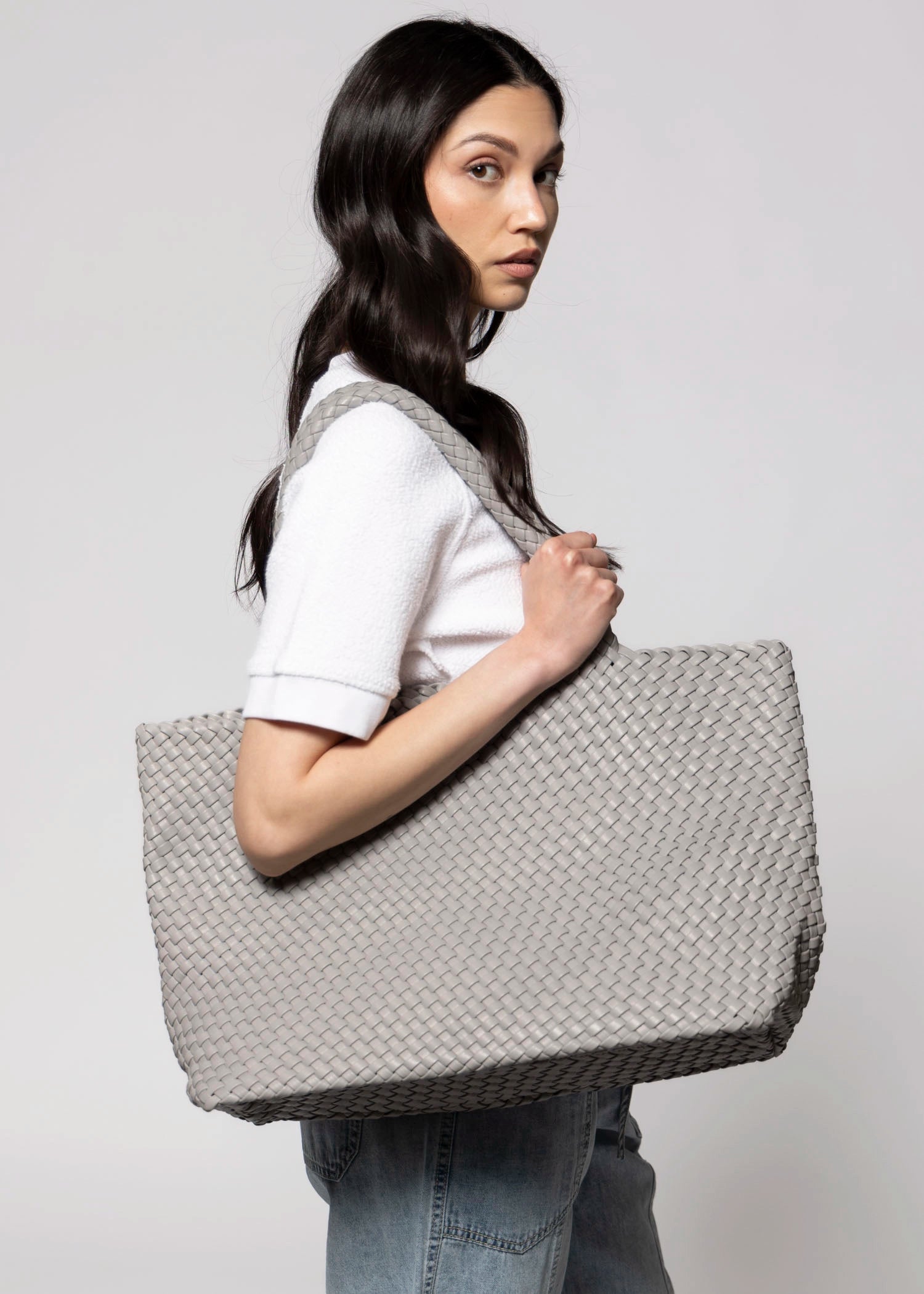 swatch_Grey vegan leather woven tote