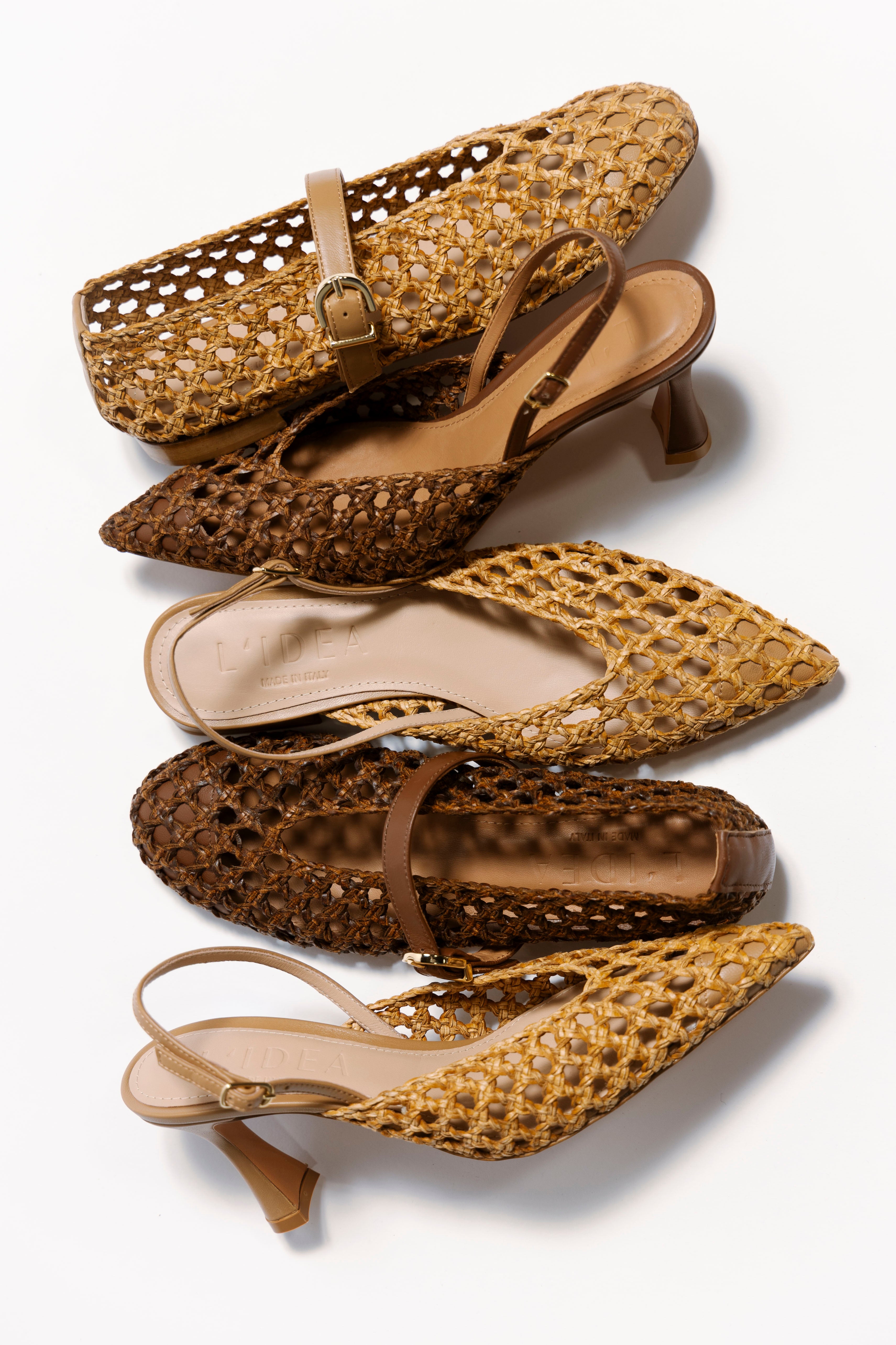 picture of brown and tan woven leather shoes with link to shop L'idea collection