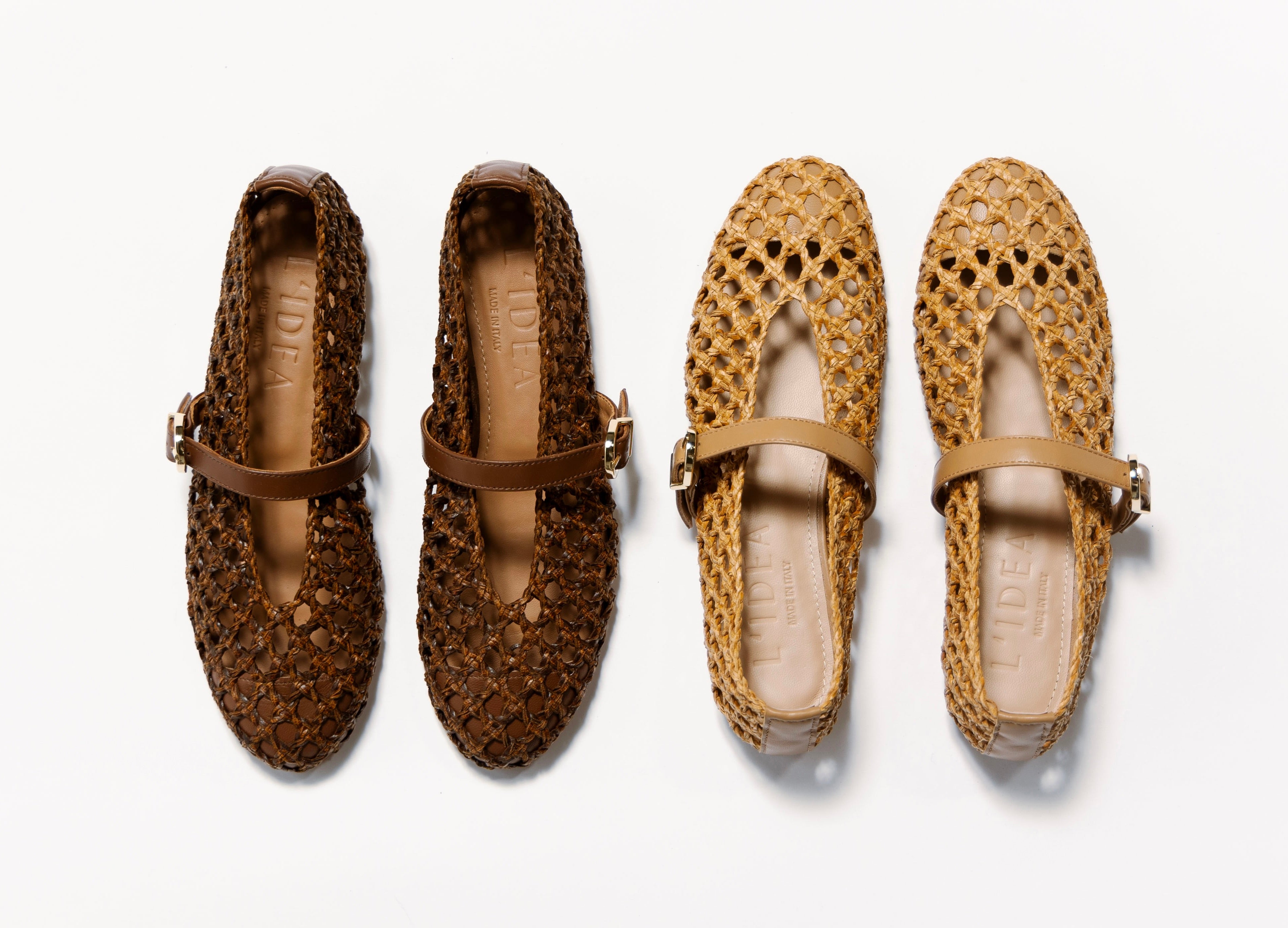 image of brown and tan woven leather shoes with link to shop l'idea collection
