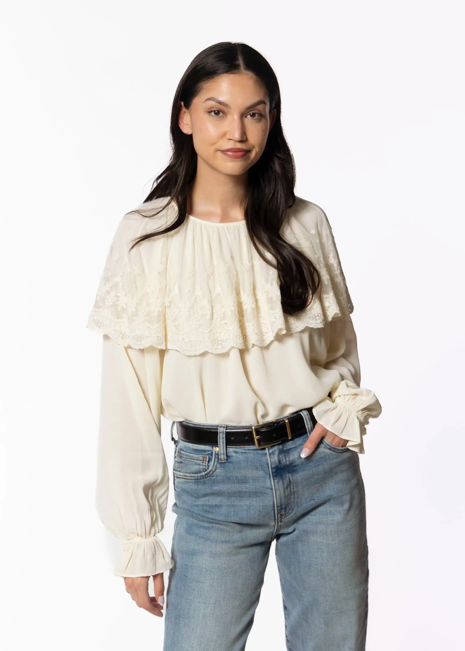 swatch_neutrals lace cape blouse apparel