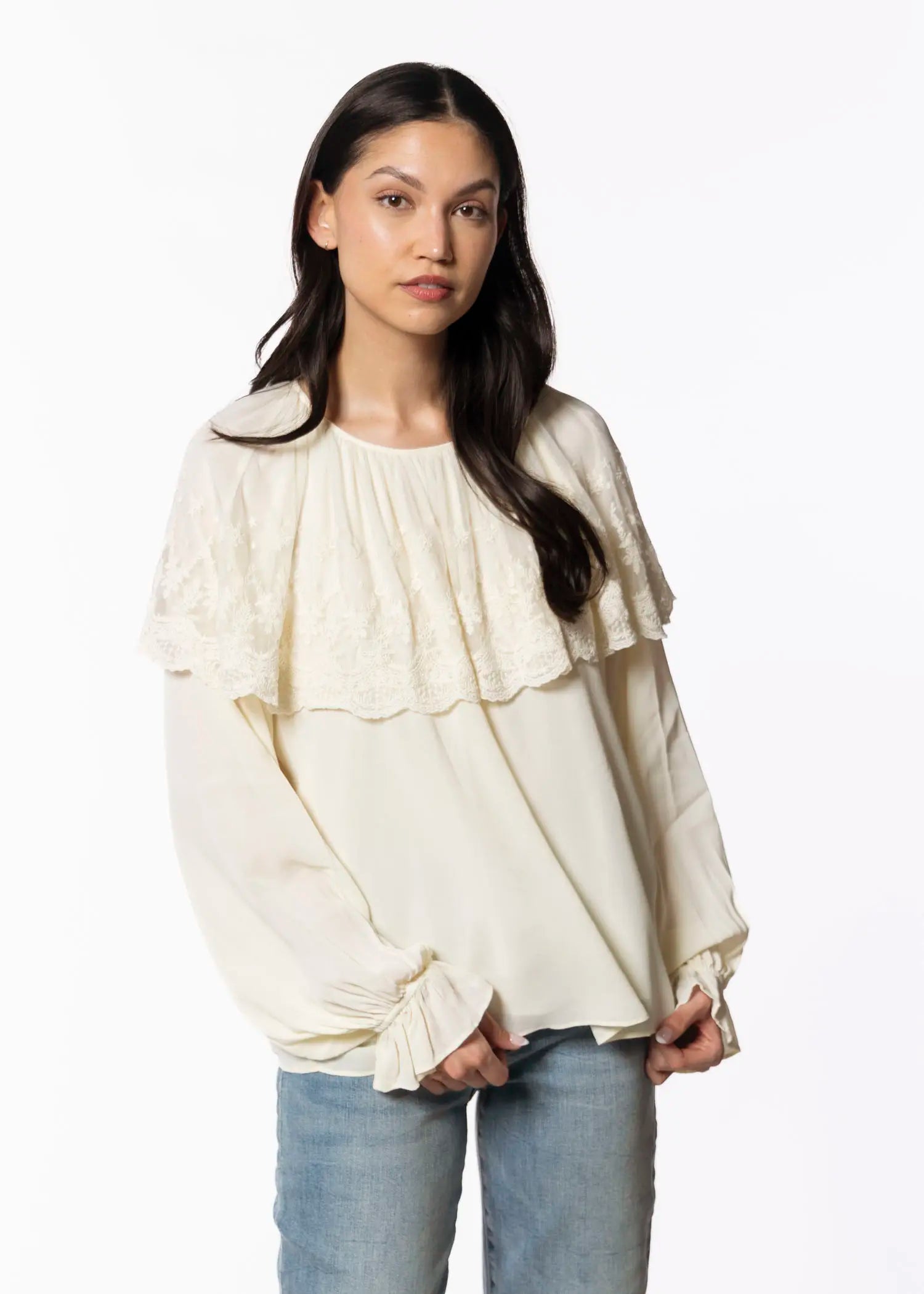swatch_neutrals lace cape blouse apparel