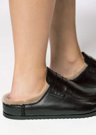 swatch_Black Leather shearling lined clog shoes