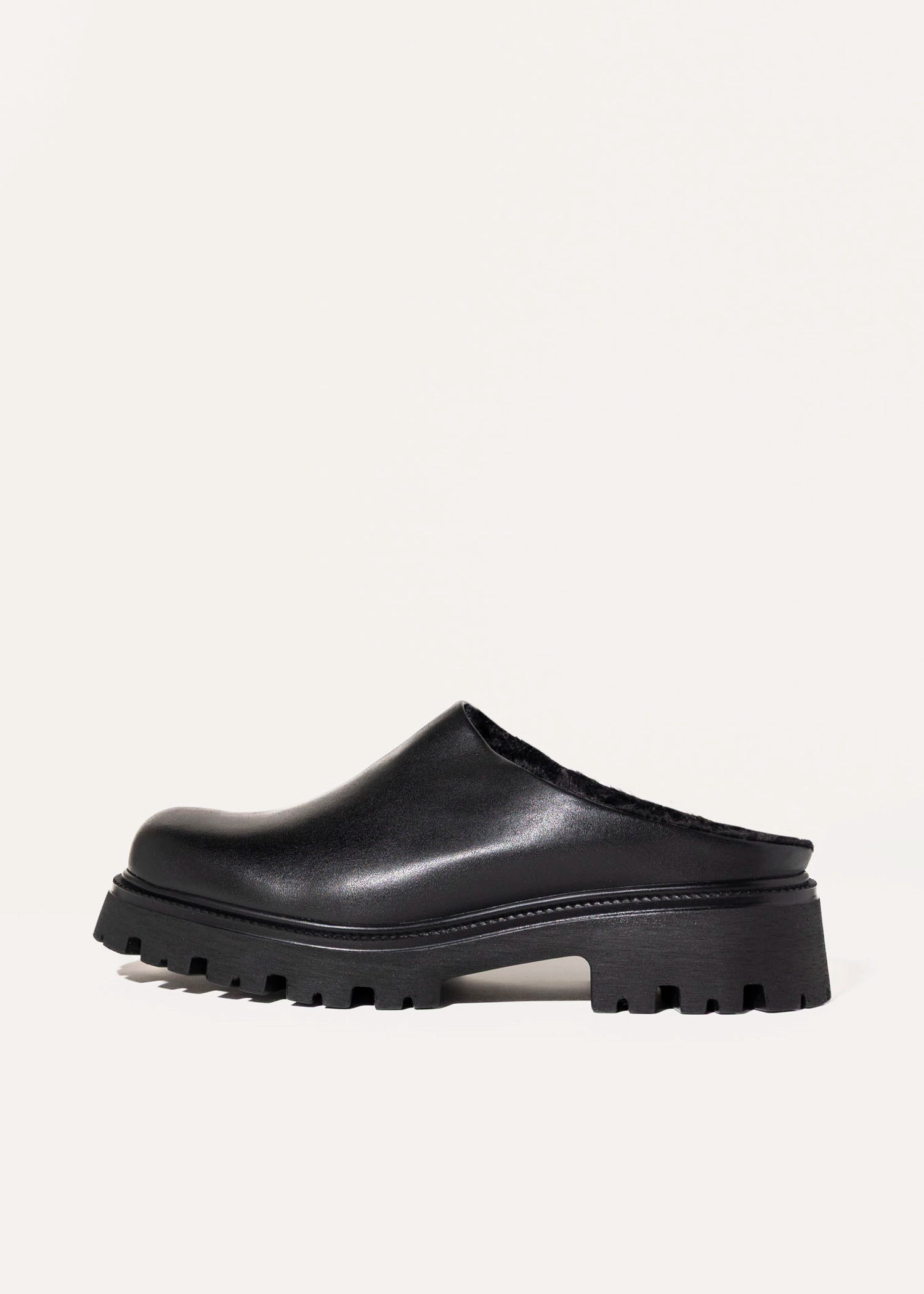 swatch_Black Leather fur lined clog shoes