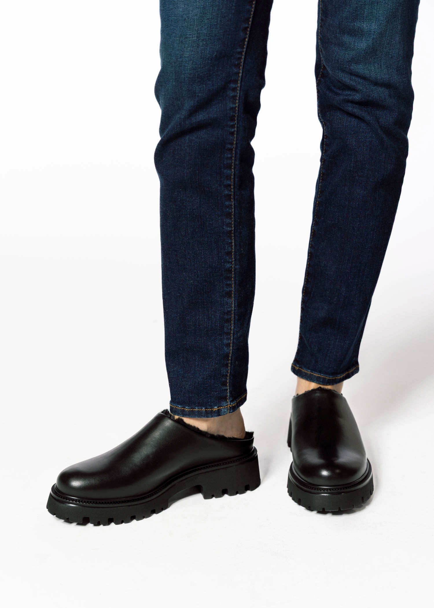 swatch_Black Leather fur lined clog shoes