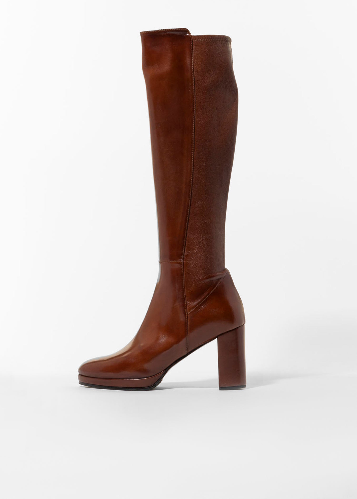 swatch_Brown Leather knee high heeled boot boots