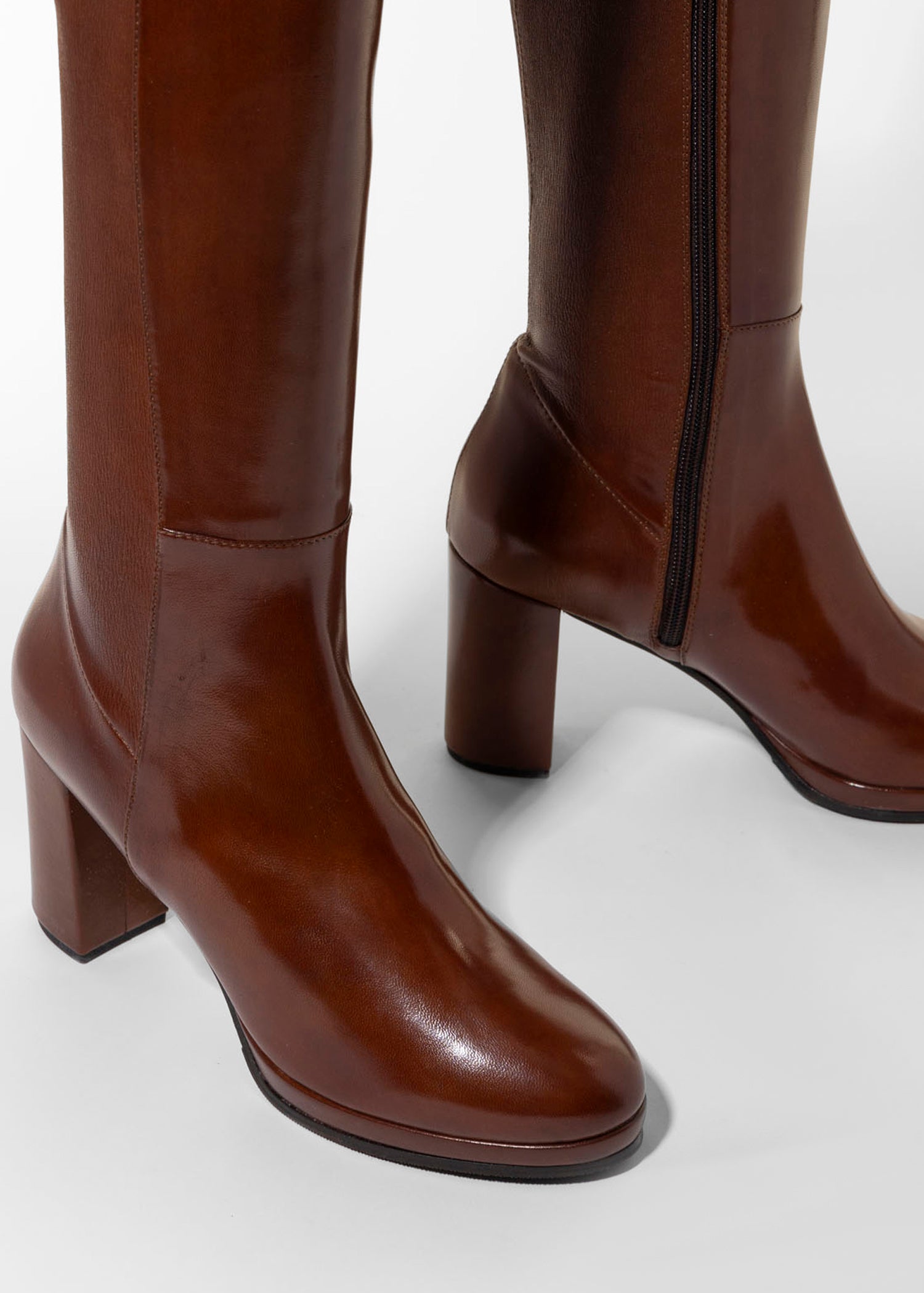 swatch_Brown Leather knee high heeled boot boots