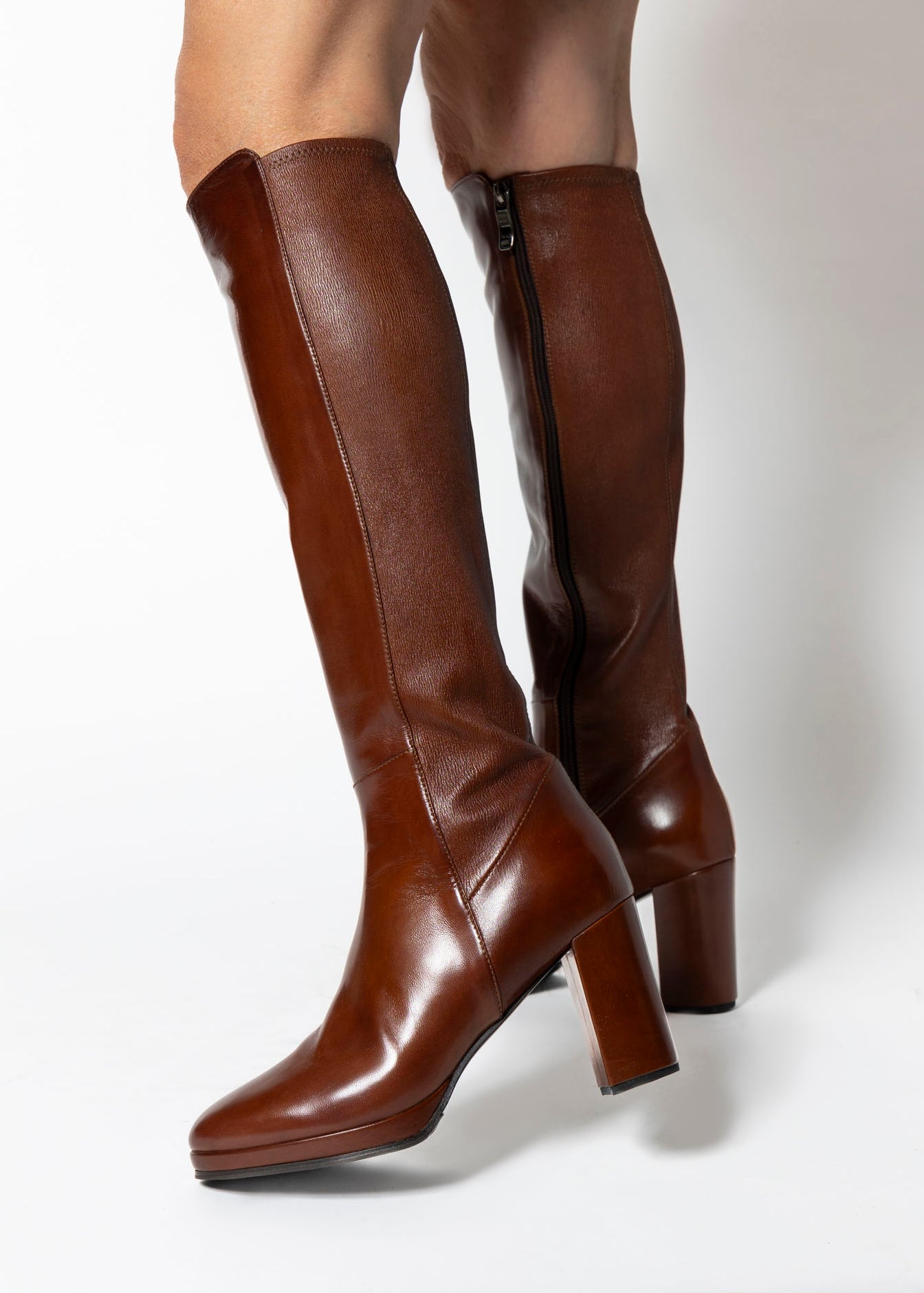 swatch_Brown Leather knee high heeled boot boots