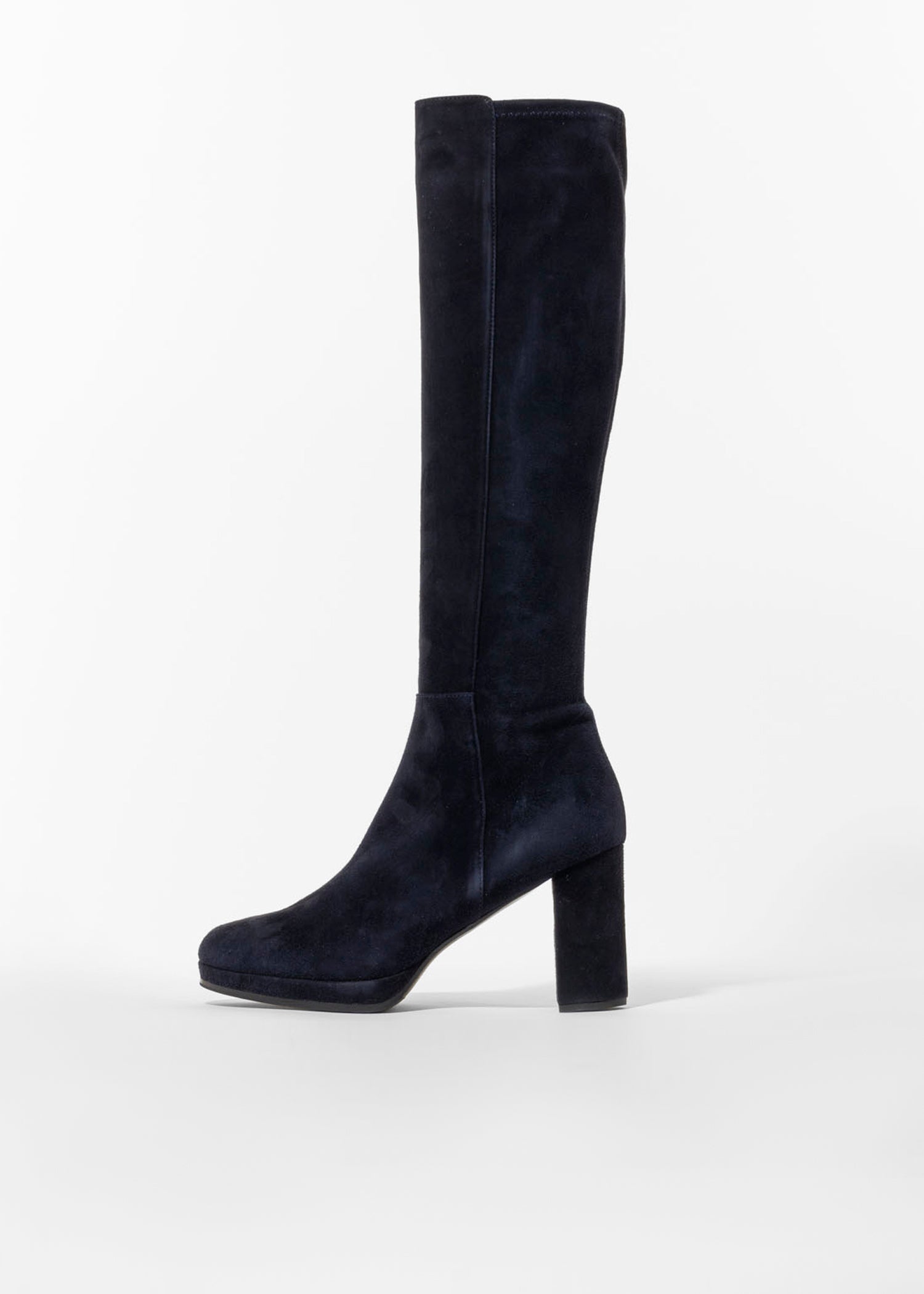 swatch_Navy Suede knee high heeled boot boots