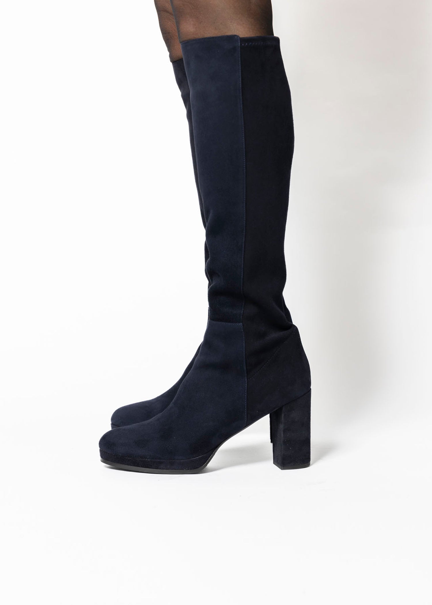 swatch_Navy Suede knee high heeled boot boots