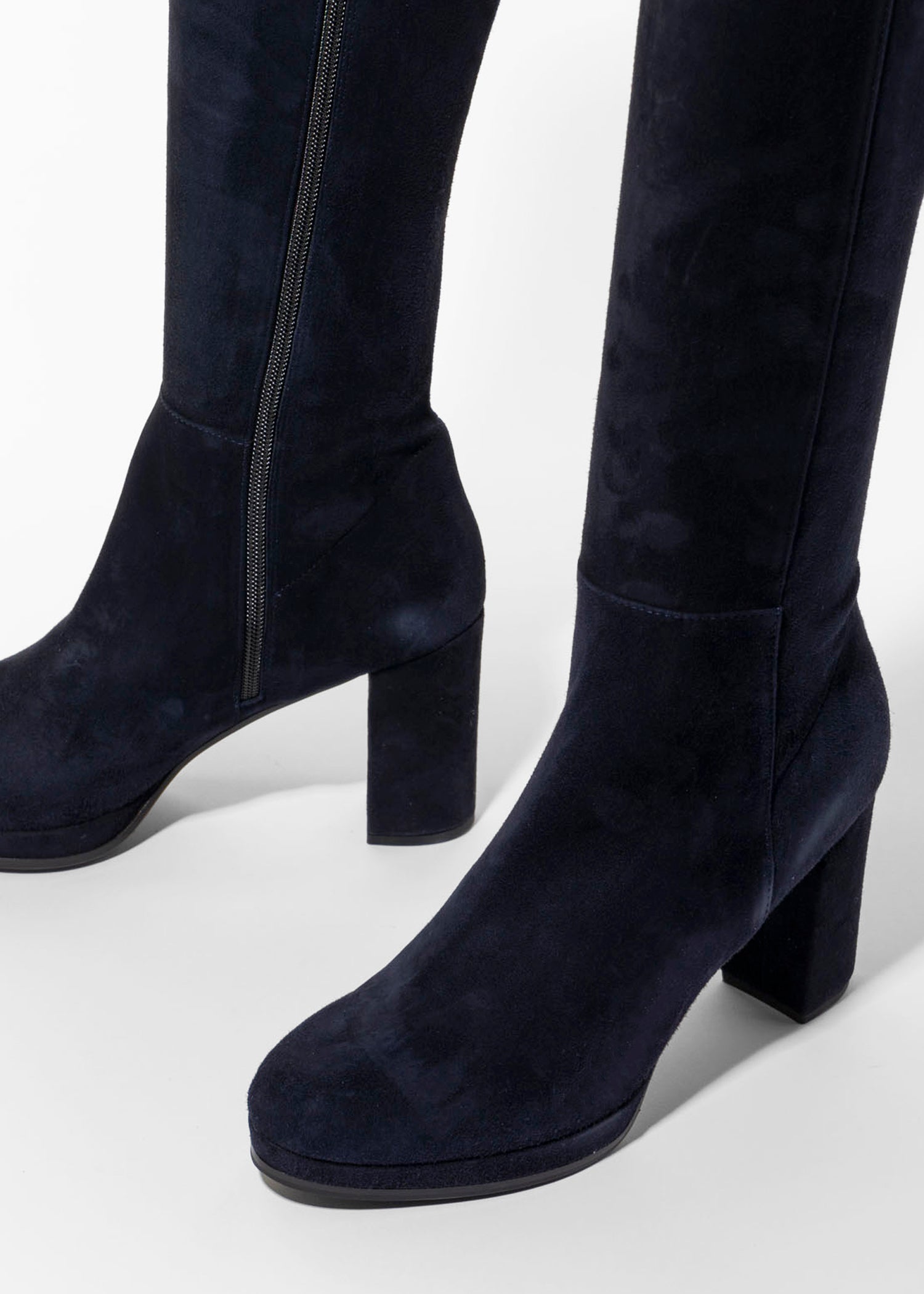 swatch_Navy Suede knee high heeled boot boots