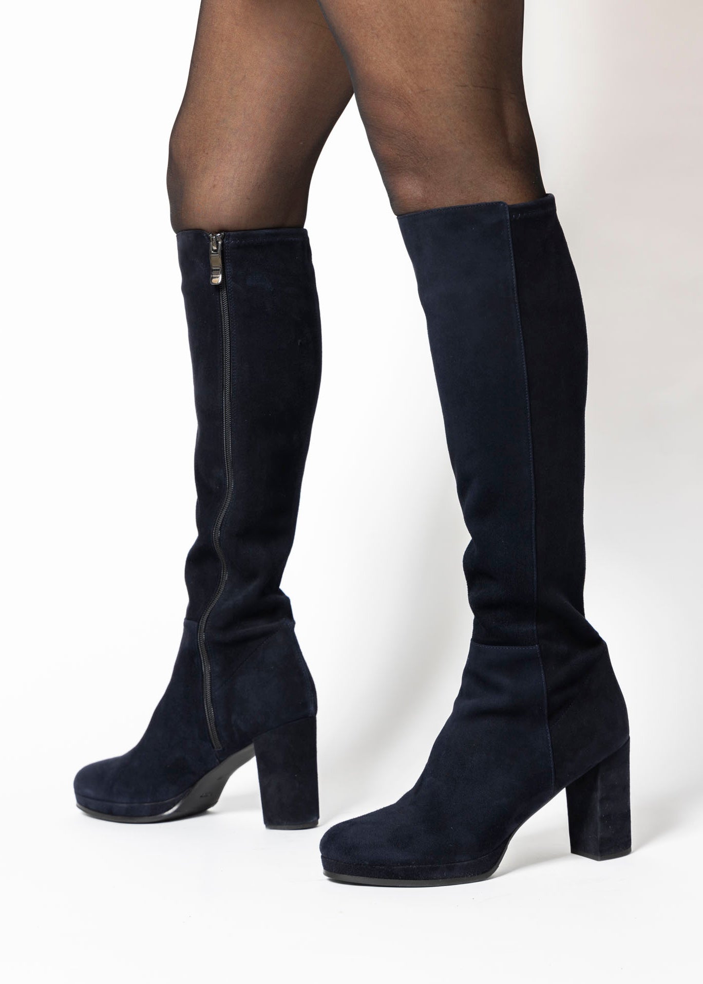swatch_Navy Suede knee high heeled boot boots