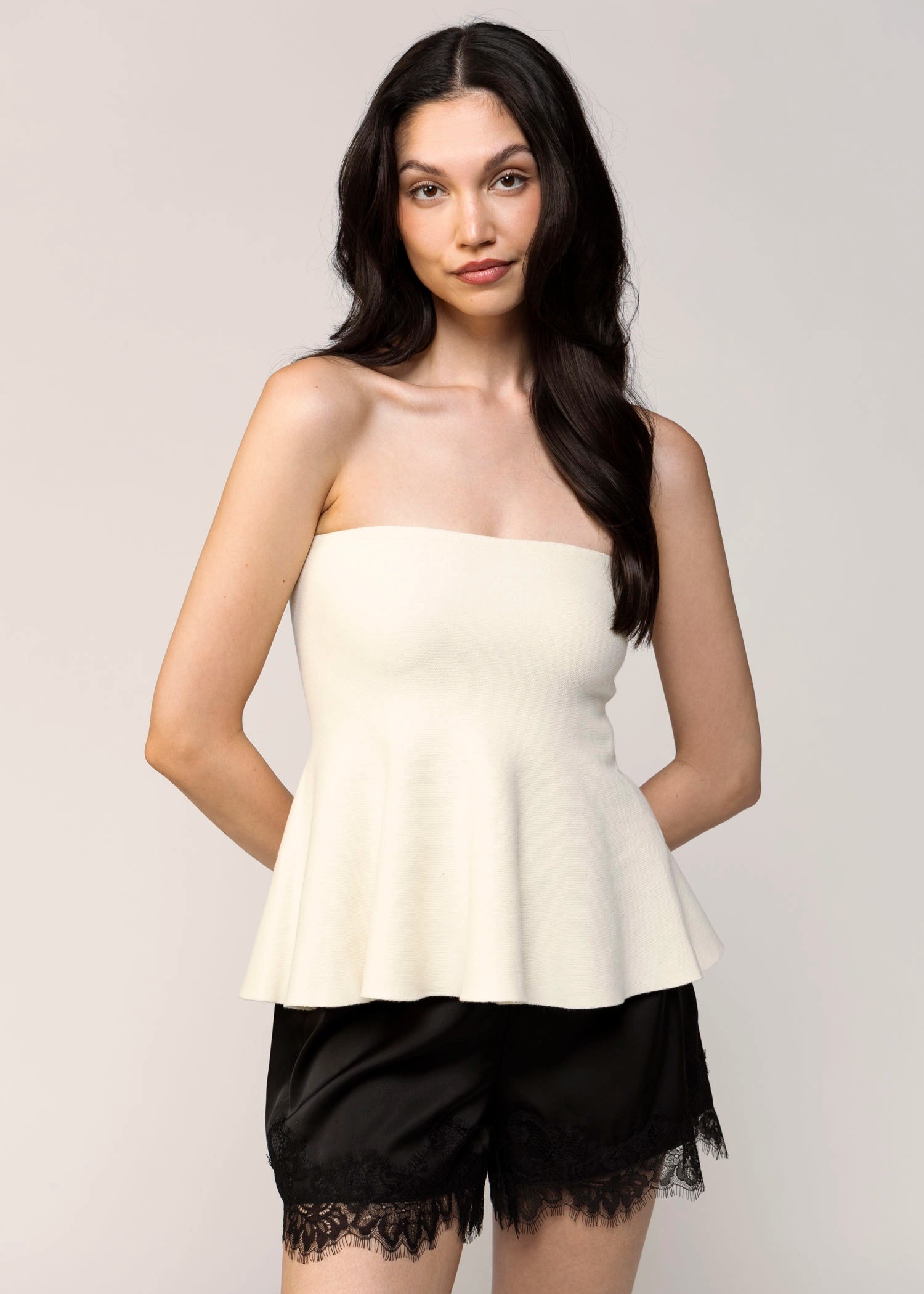 swatch_Cream bella strapless peplum knit top